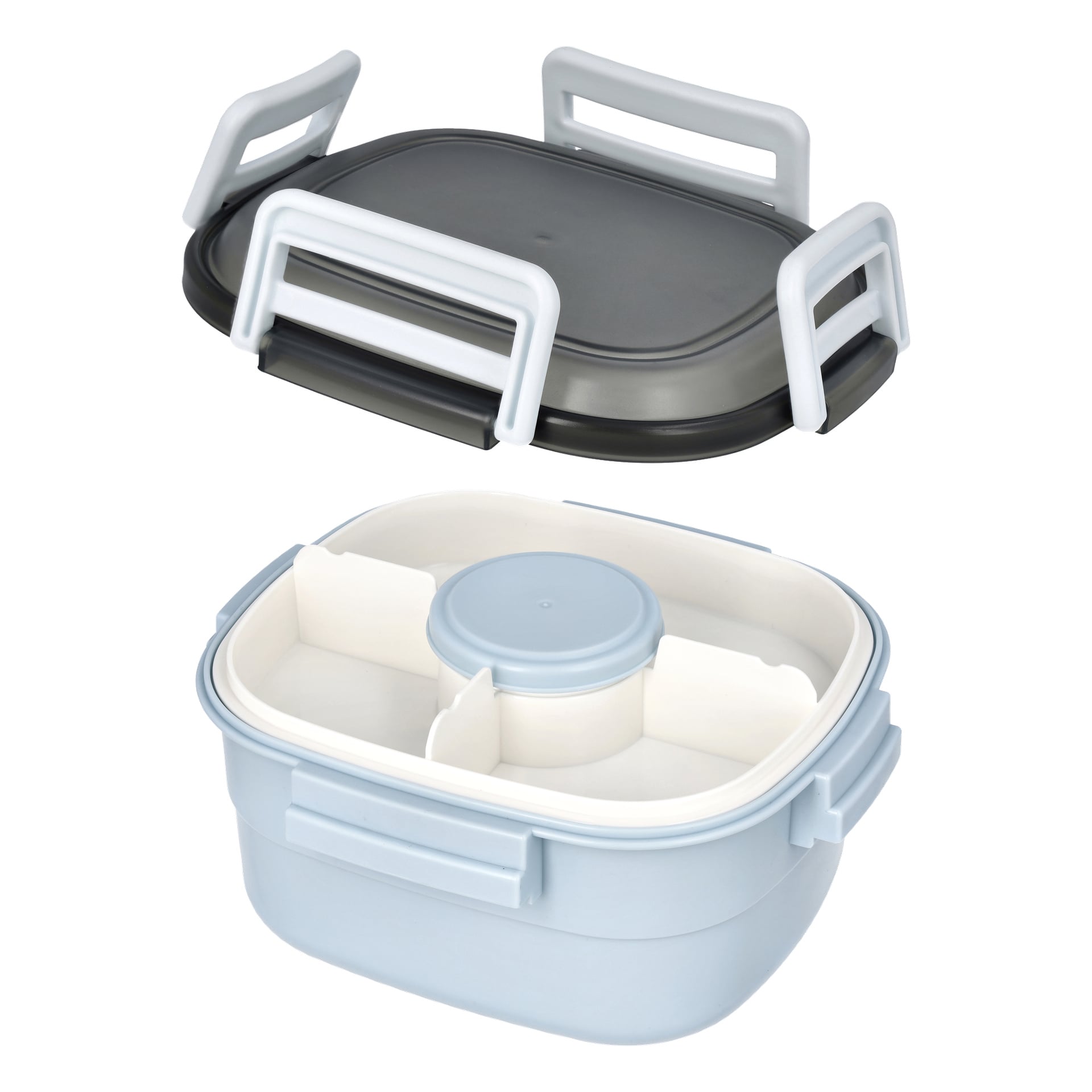 Menuett-lunchlåda i blå och vit plast med flera avdelare och en medföljande ispåse. Interiören är sektionerad och har en central rund behållare. Ett grått lock, hållet på plats av vita och svarta lås, vilar ovanför huvudfacket.