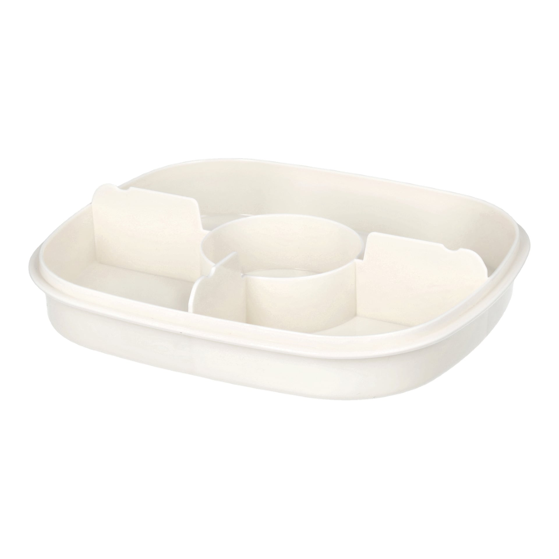 En vit, rektangulär Menuett Lunch Box innehåller fyra separata yttre fack och en rund mittsektion, alla delade med plastinsatser. Dess design har mjukt böjda kanter och en slank, slät yta.