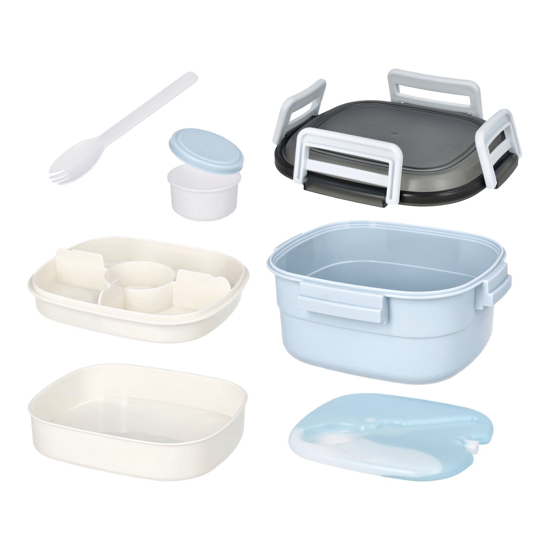 Ett Menuett-lunchlådset med avdelare, en ispåse, en spork, en liten rund behållare med lock, en stor behållare med svart lock, en fackbricka, en blå behållare, en krämfärgad bricka och ett matchande blått bestickfodral.