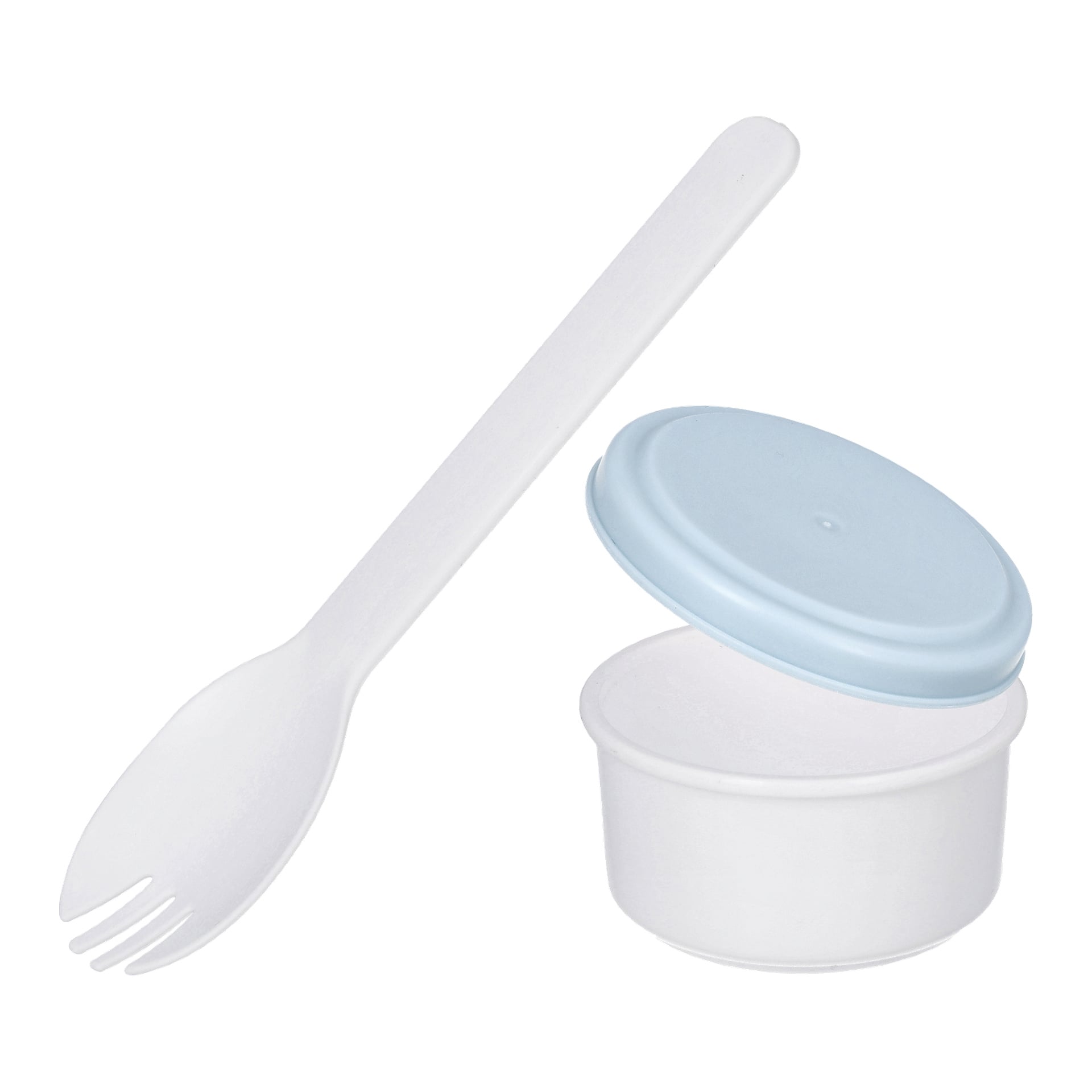 En vit plastspork ligger bredvid Menuett Lunch Box, som har avdelare och en kylpåse, tillsammans med en liten vit behållare med ett ljusblått lock ovanpå.