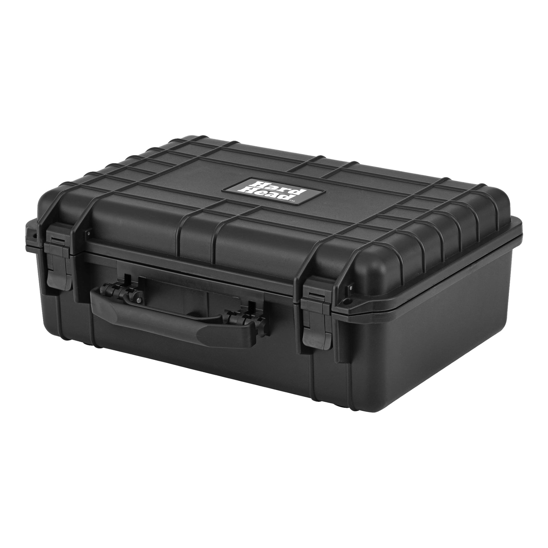 Ett robust svart skyddsfodral från Hard Head, gjort av robust hårdplast med extra starka hörn, pålitliga spärrar, ett robust handtag och en etikett på locket där det står "Hard Head."