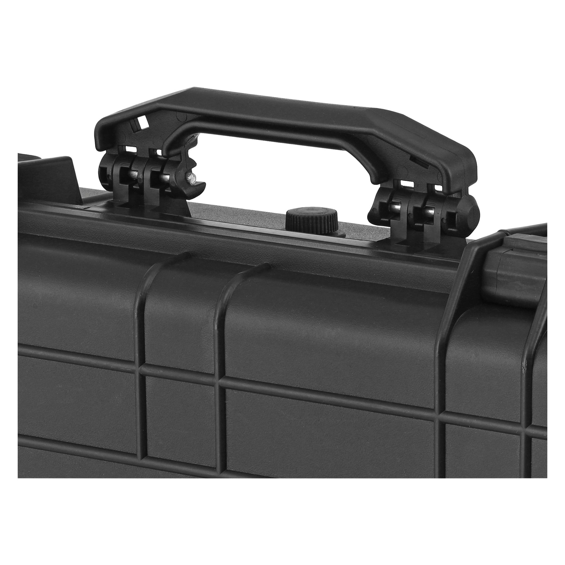 En närbild visar Hard Head Protective fodralet, med svart hållbar plast, ett strukturerat grepphandtag, stadiga förstärkta kanter, precisa gångjärn och ett runt ratt precis under handtaget.