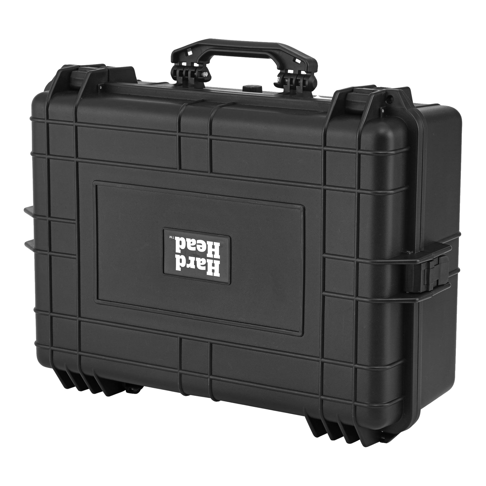 Ett svart Hard Head-skyddsfodral med ett stadigt skal, handtag och säkra spärrar, som visar en rektangulär infälld panel på framsidan där Hard Head-logotypen syns upp och ner.