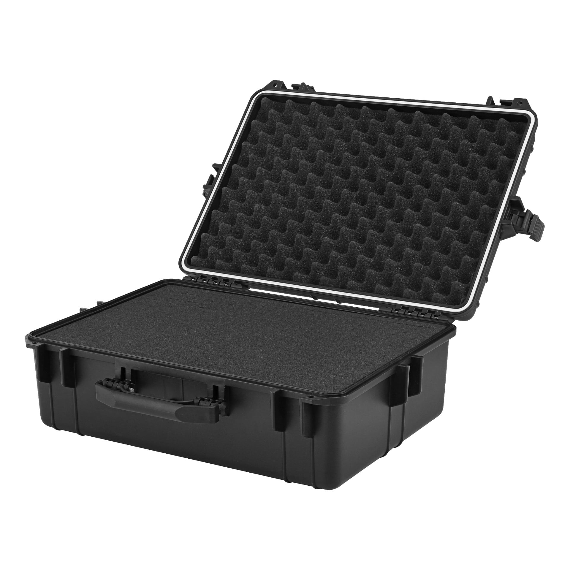 Hard Head Protective Case är avbildad öppen, med äggkartongsliknande skum i locket och platt skum i botten för att dämpa känsliga föremål eller värdesaker under förvaring eller transport. Fodralet har ett framhandtag för bekväm portabilitet.