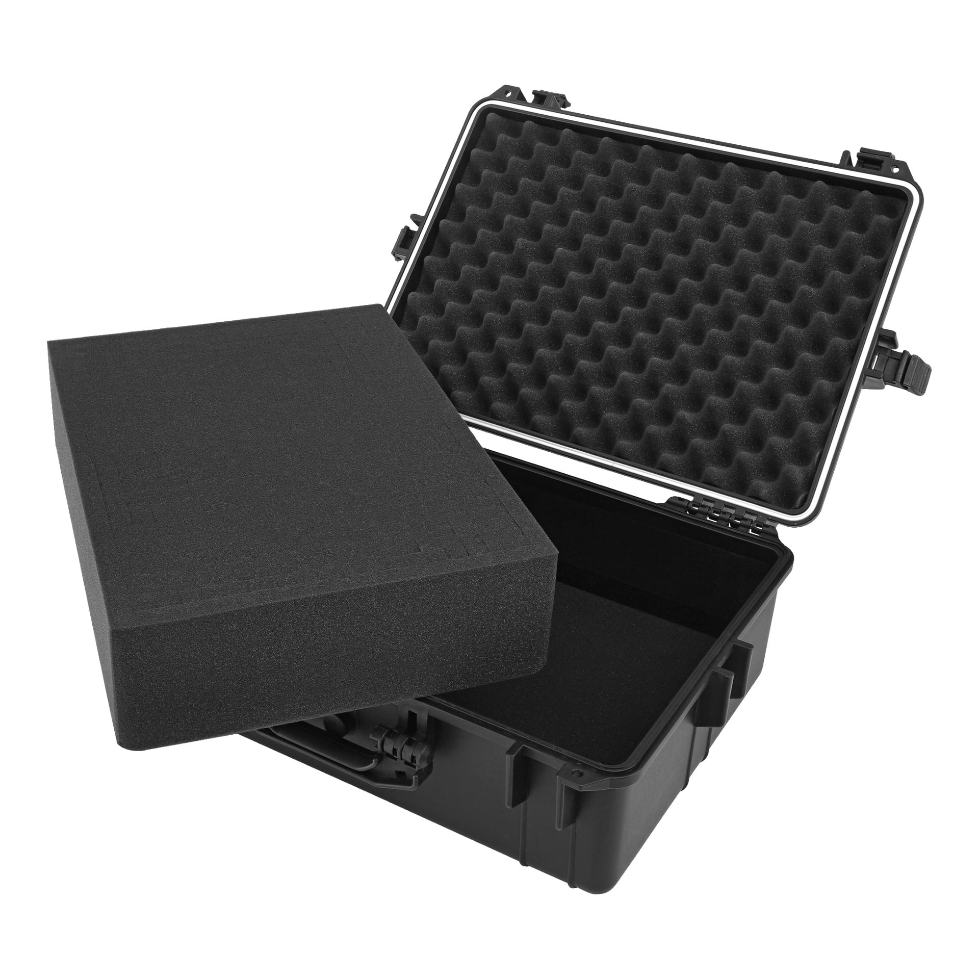 Ett öppet Hard Head Protective Case visar dess svarta hårda kropp med specialskurna skuminsatser inuti. En av skuminsatserna är lite utdragen och avslöjar det rymliga inre och den räfflade skumfodret på undersidan av locket.