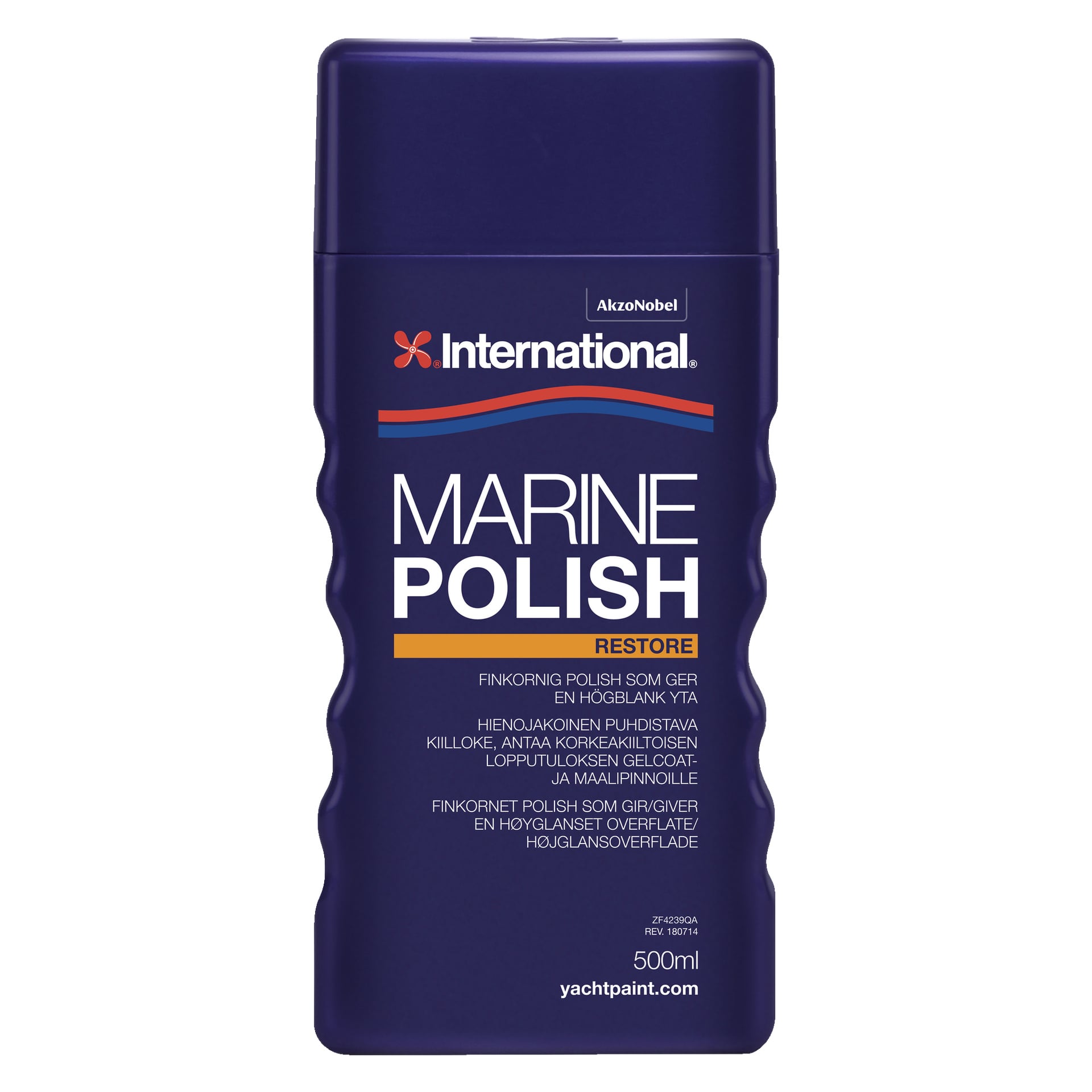 En 500 ml flaska International Polish Marine Polish, med en mörkblå etikett och produktinformation i vit, gul och blå text, samt AkzoNobels logotyp högst upp.