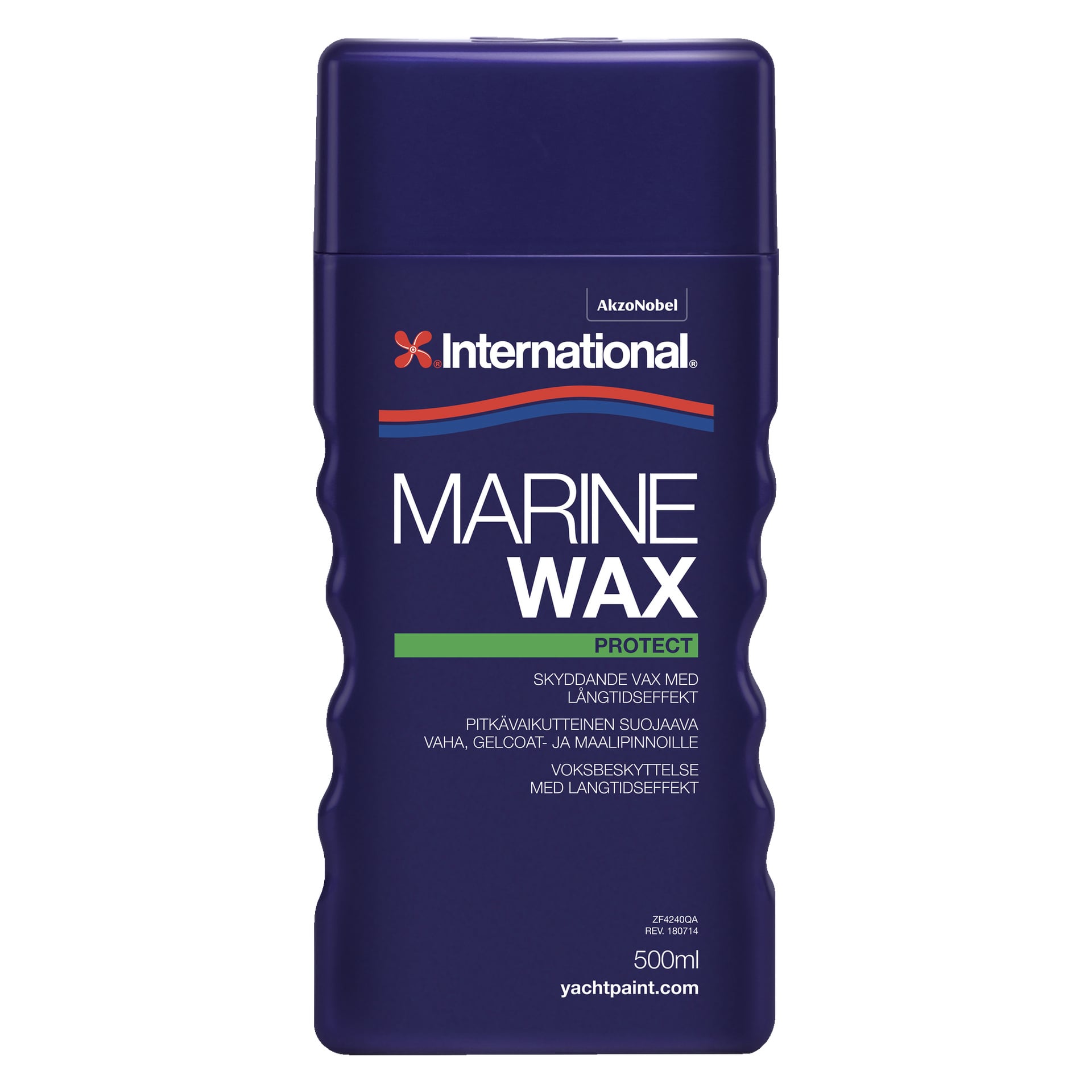 En mörkblå 500 ml-flaska märkt International Wax Marine Wax visar varumärkets logotyp högst upp tillsammans med text, och är utformad för att skydda marina ytor.
