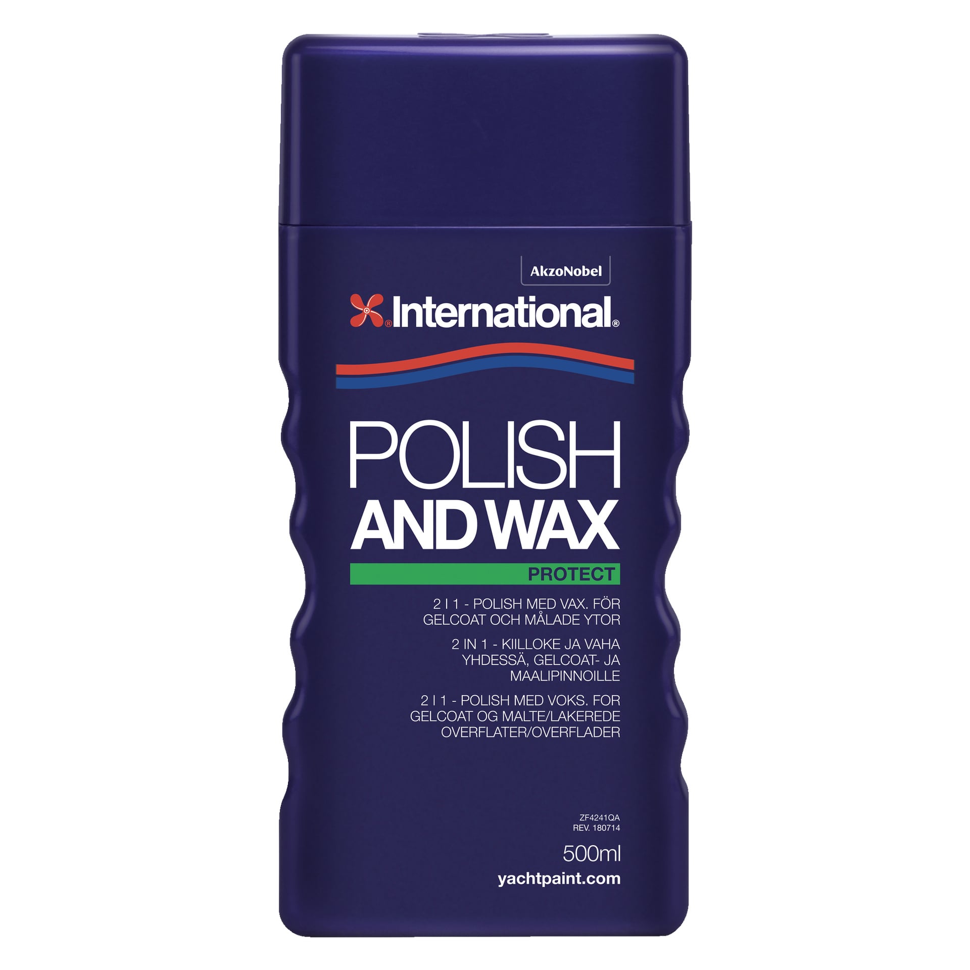 En mörkblå 500 ml Wax Polwax-flaska från International, med vit och grön märkning om dess lämplighet för gelcoat och målade ytor, accentuerad av en vågig mönstrad kant.