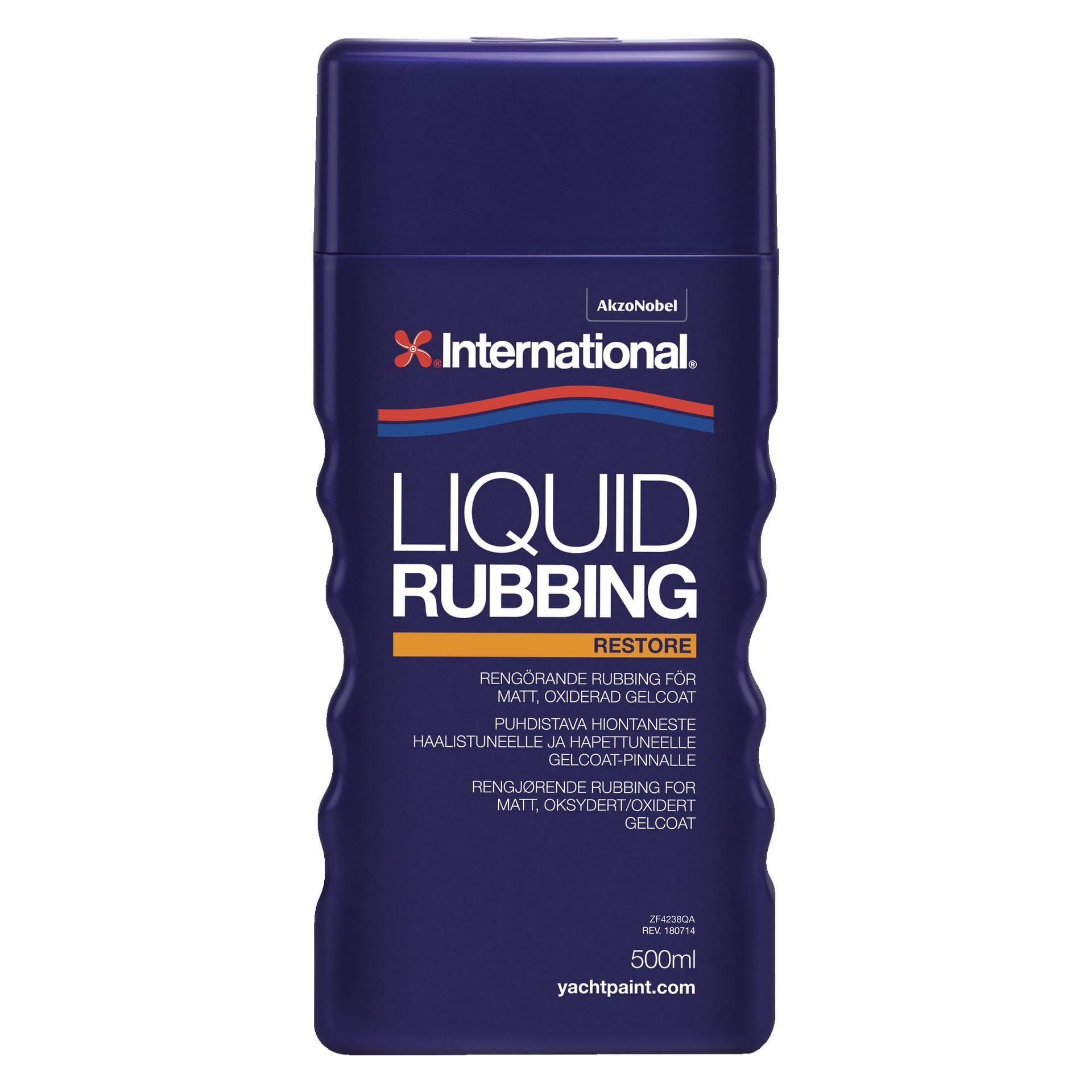 En 500 ml flaska International Liquid Rubbing, en flytande gnuggningsmedel formulerad för att återställa matt, oxiderad gelcoat. Flaskans etikett visar produktinformation på en mörkblå bakgrund.