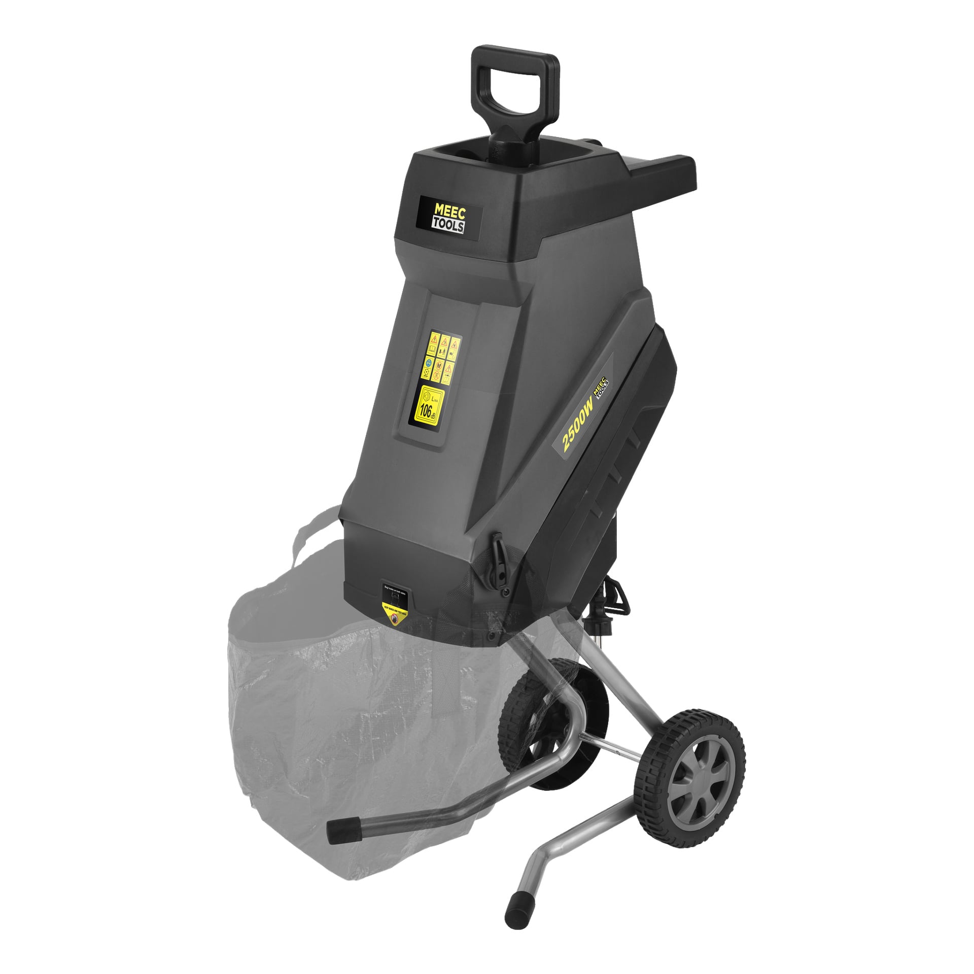 En kompostmakulator från Meec Tools i svart och grått med hjul, ett handtag ovanpå, en nedkastning för strimlingsmaterial och en genomskinlig uppsamlingspåse säkrad vid basen.