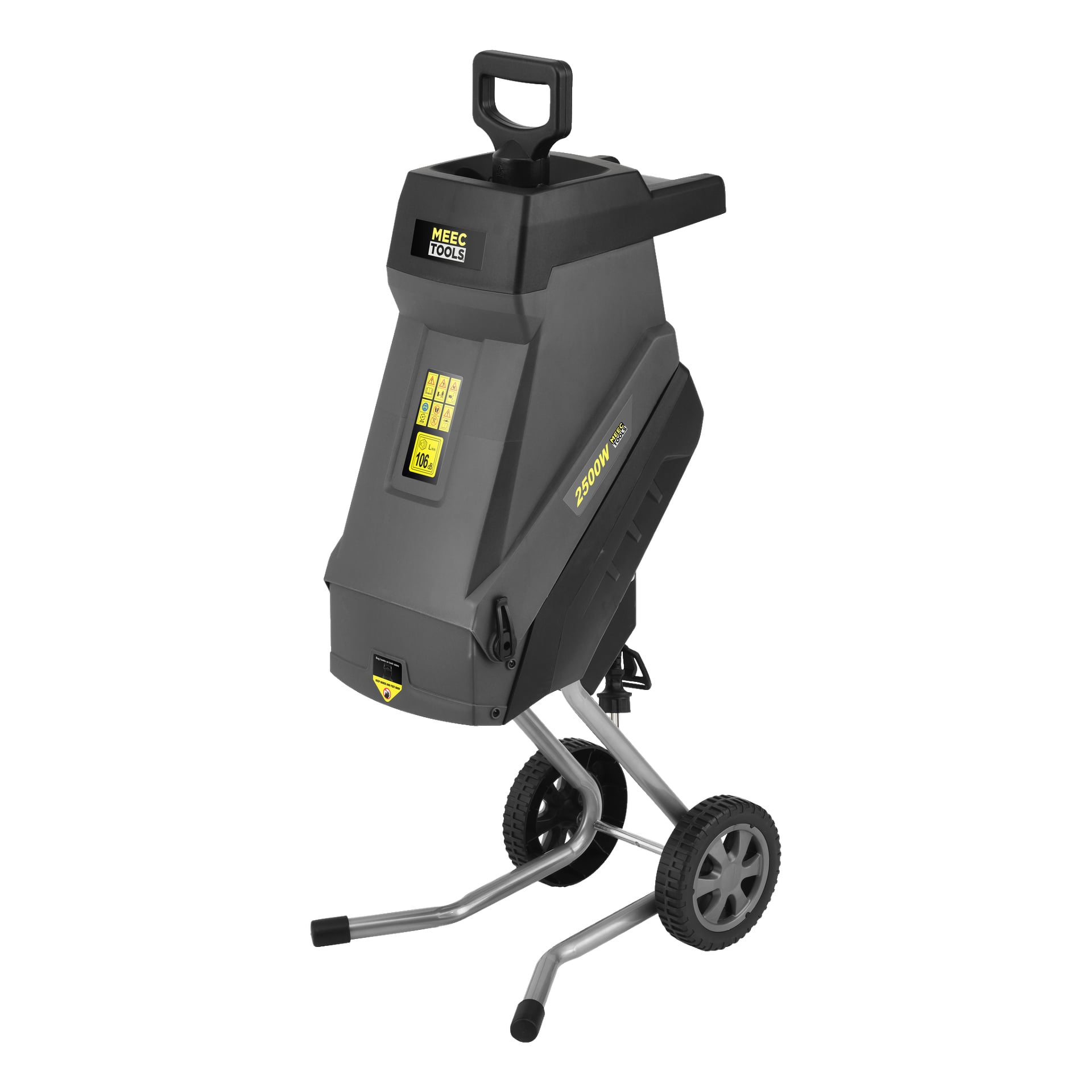 En svart och grå kompoststrimler från Meec Tools utrustad med en 2500W elmotor, två hjul för rörlighet, ett övre handtag, kontrollpanel och robusta metallstödben.