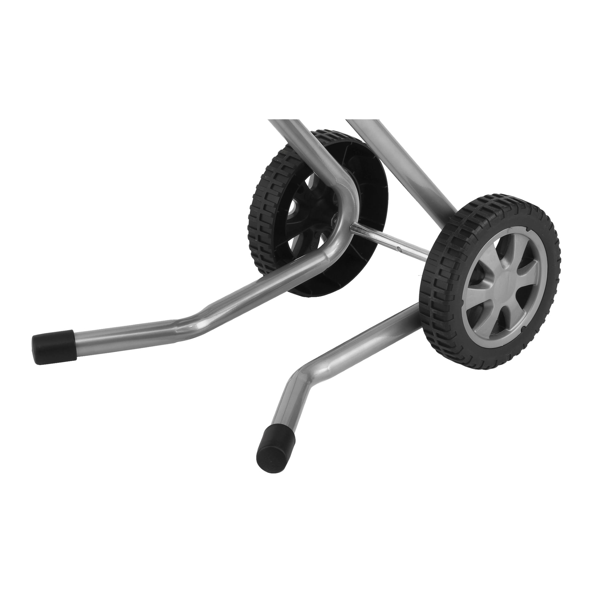 Detaljerad vy av basen på en Meec Tools Compost Shredder, med framhävning av dess cylindriska silvermetallram, två stadiga svarta gummihjul och två metallstödben med svarta gummiändar.