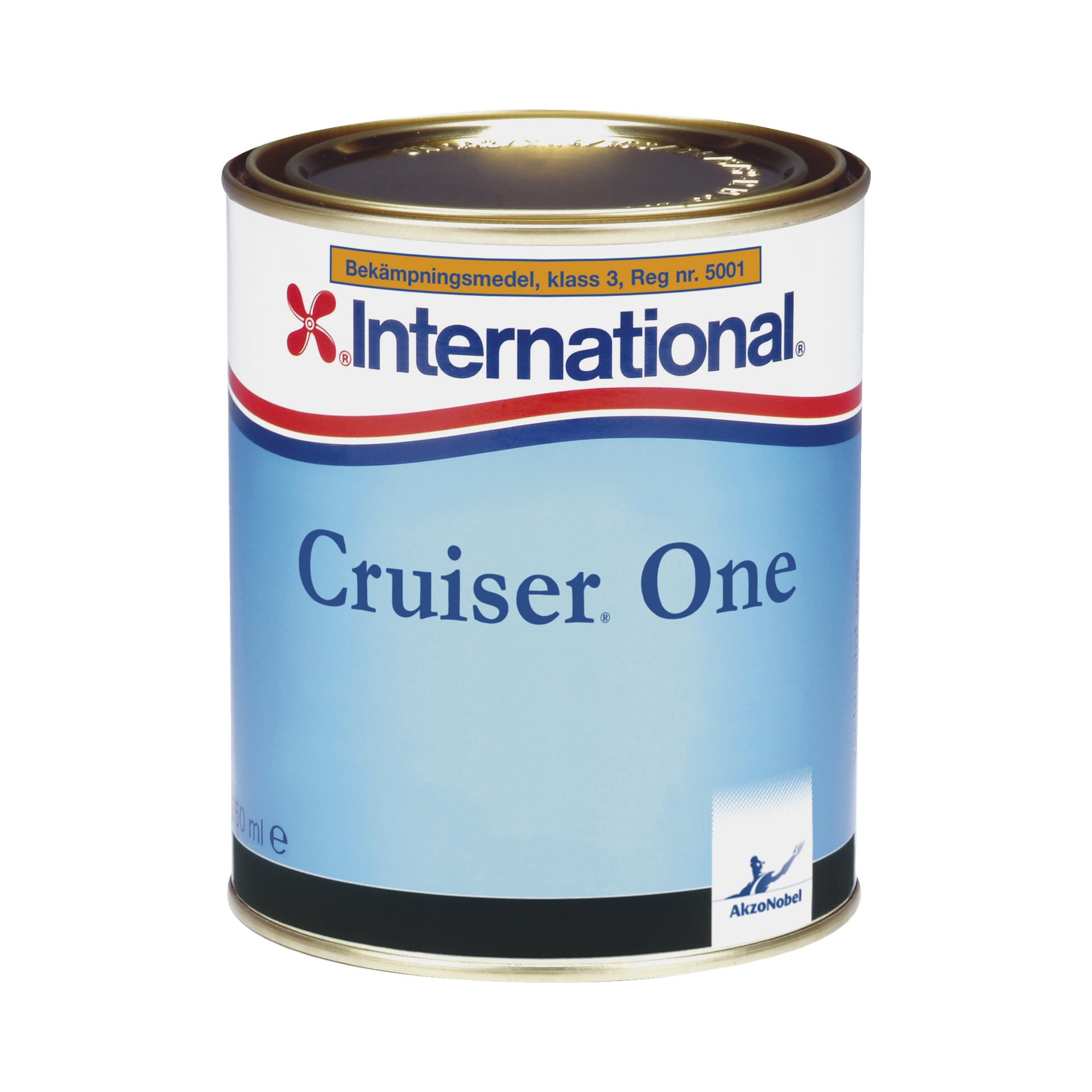 En metallburk med "Antifouling paint Cruiser One" från International har en blå gradient och ett guldfärgat lock. AkzoNobels logotyp visas tillsammans med en gul varningsrand, vilket indikerar att det är marin antifouling-färg.