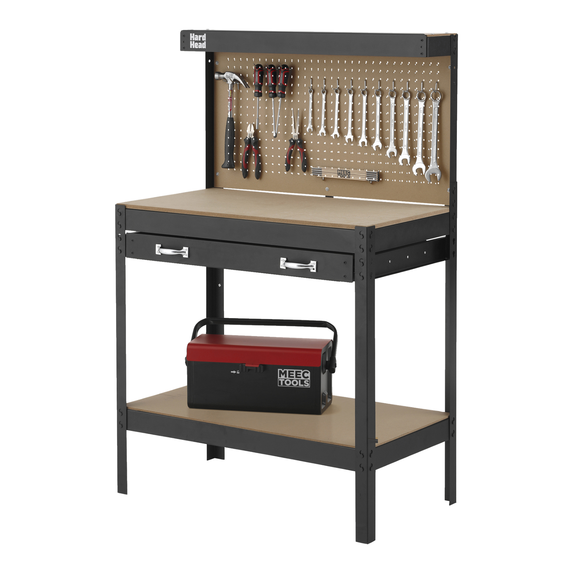 En Hard Head-arbetsbänk i svart och trä med verktygspanel, utrustad med en pegboard med olika handverktyg, två lådor och en nedre hylla med en svart och röd MEEC TOOLS-verktygslåda.