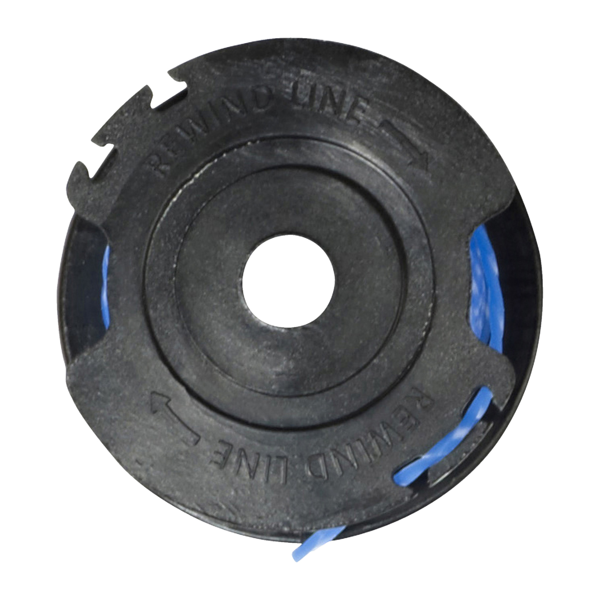 Ryobi Trimmer RAC125 3-pack visar svarta plastspolar som håller blå trimmertråd, delvis lindade runt varje spole. Varje har en central öppning, upphöjd "REWIND LINE"-text ackompanjerad av riktningspilar på ytan och hack som fäster en bit exponerad tråd.