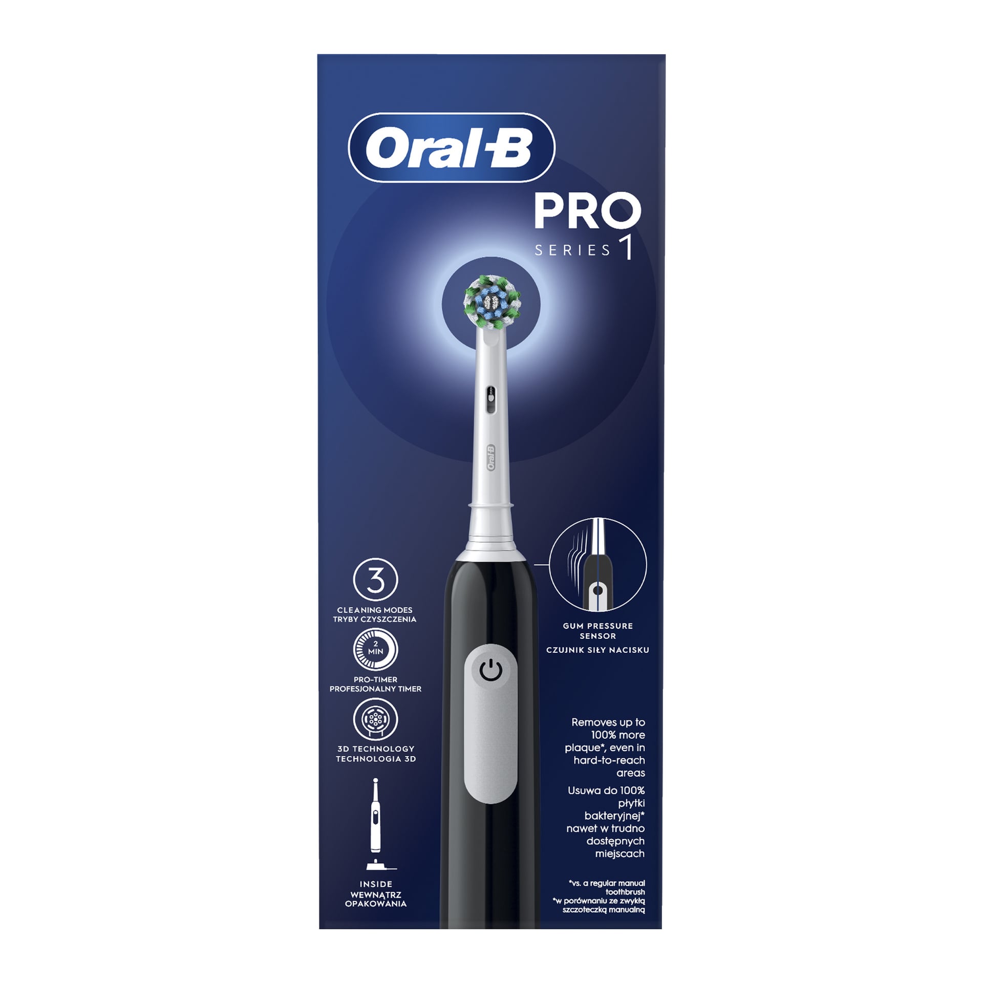 Oral B Electric Toothbrush Pro 1 förpackning visar borsten och lyfter fram funktioner som 3D-rengöringsteknik, en trycksensor för tandköttet och en professionell timer. Den blå lådan har produktbilden tydligt synlig i mitten.