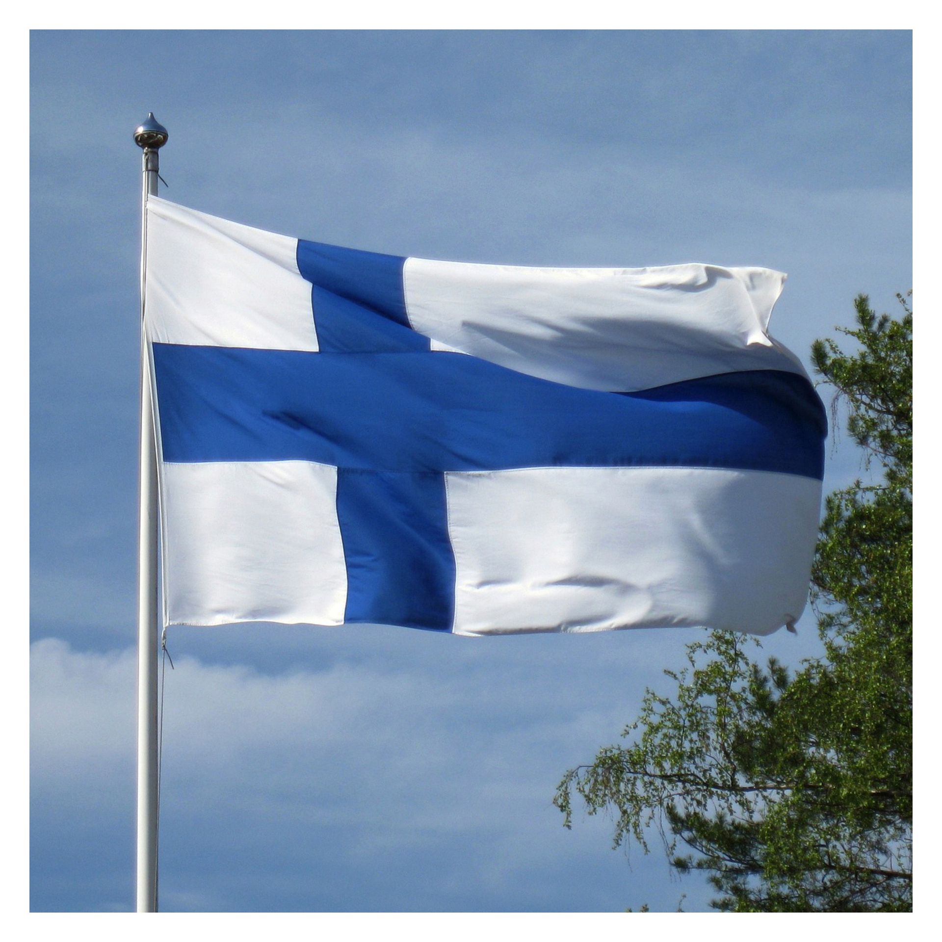Ett blått nordiskt kors på en vit finsk flagga vajar på en flaggstång utomhus, placerat mot en delvis molnig himmel och träd i bakgrunden.