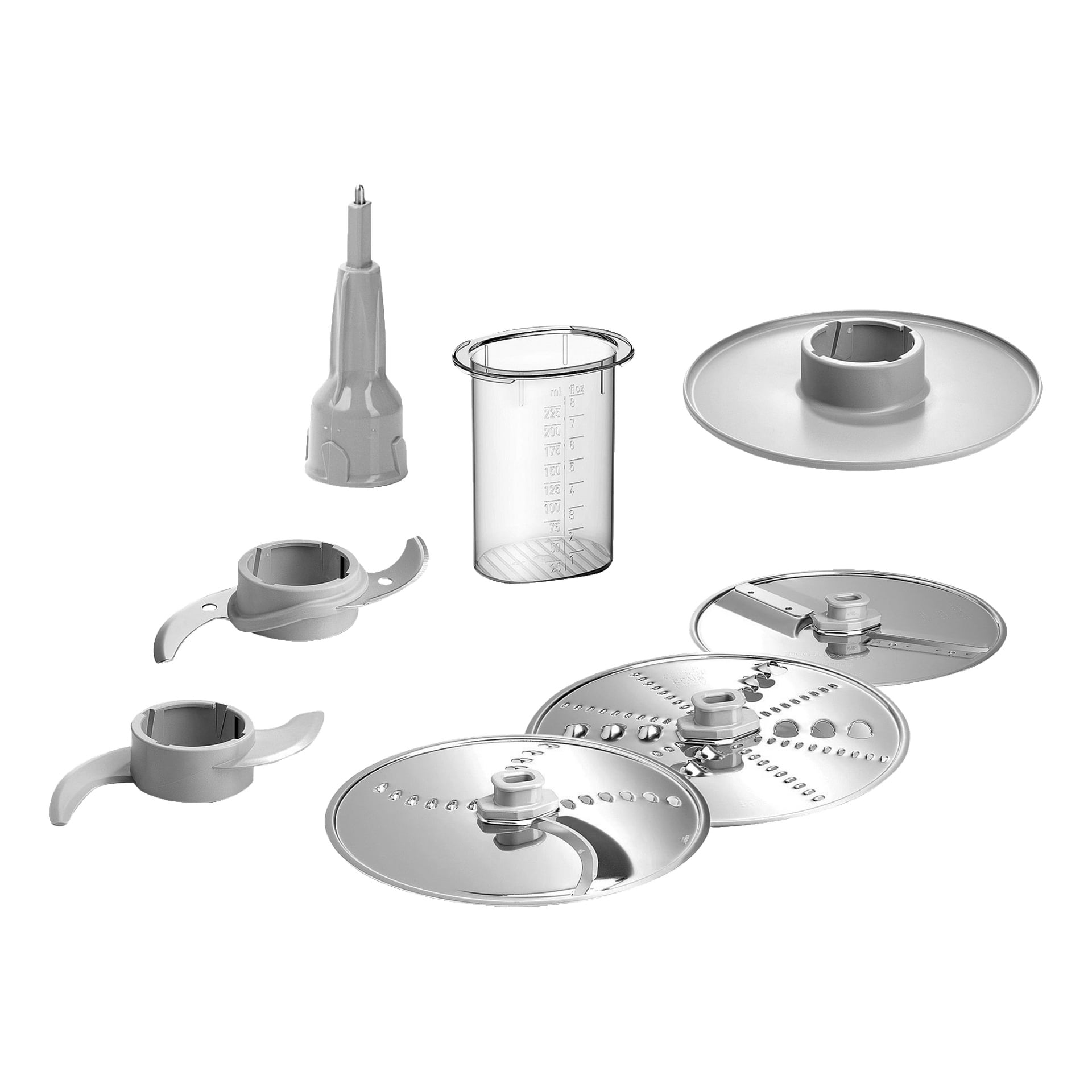 Sju tillbehör visas till Bosch Home Food Processor MultiTalent 3 MCM3421M, inklusive tre rostfria stålskivor för skivning och rivning, två olika bladfästen, ett plastblandningsverktyg och en transparent måttkopp med mätmarkeringar.