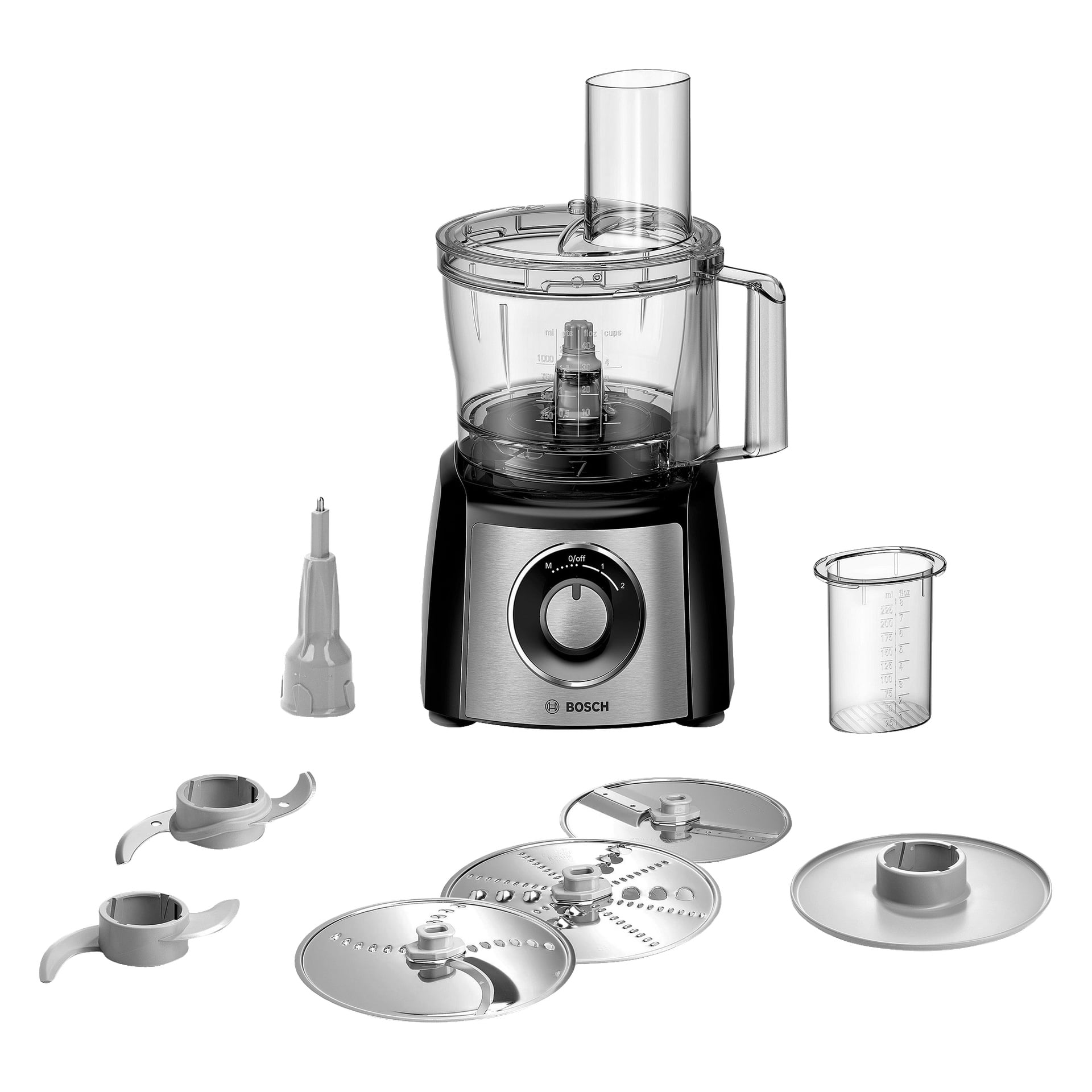 Bosch Home Food Processor MultiTalent 3 MCM3421M har en transparent skål, en slank svart och silverfärgad bas och levereras med olika tillbehör inklusive blad, skivor och en måttkopp.