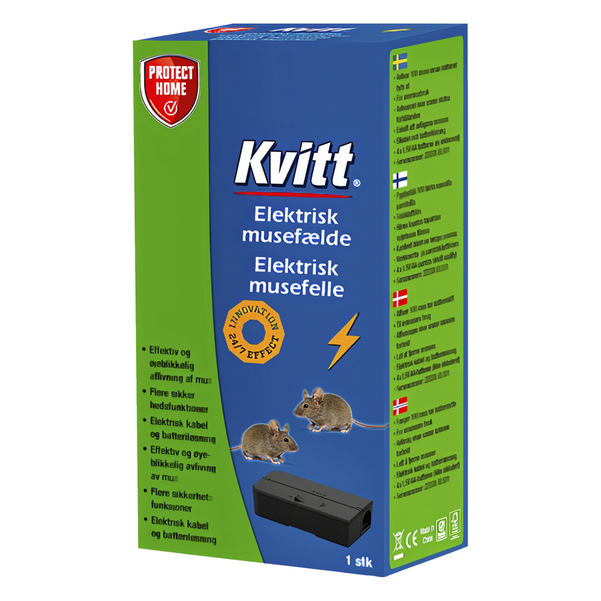 En blå låda med Kvitt Electric Mouse Trap visar produktnamnet och märket, visar bilder på två möss, en svart fälla, gula blixtar och en lista med säkerhetsfunktioner på vänster sida.