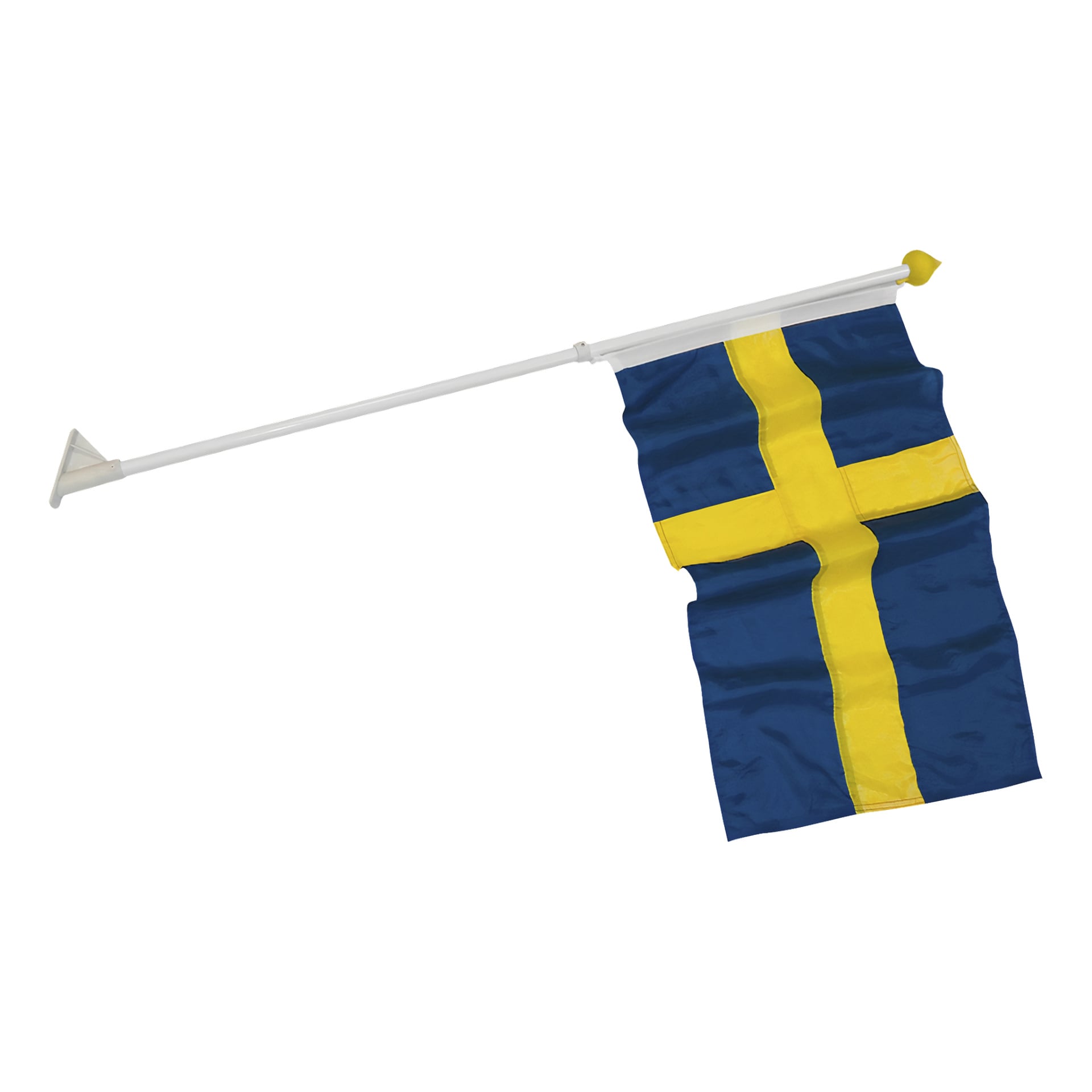 En blå flagga med ett gult nordiskt kors är fäst vid en vit stång som har en sugkopp i ena änden. Tyget ser lite skrynkligt ut.