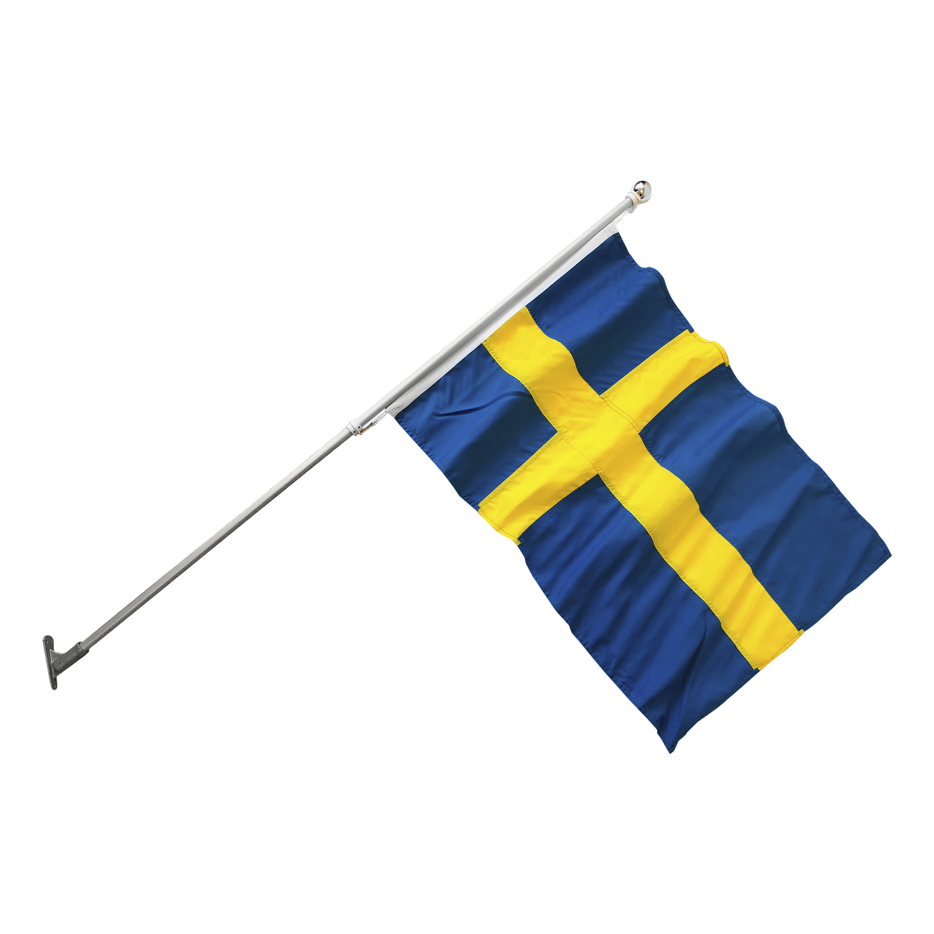 Adela-fasadflaggan med blått fält och gult kors visas vajande på en diagonalt monterad stång med en konsol.