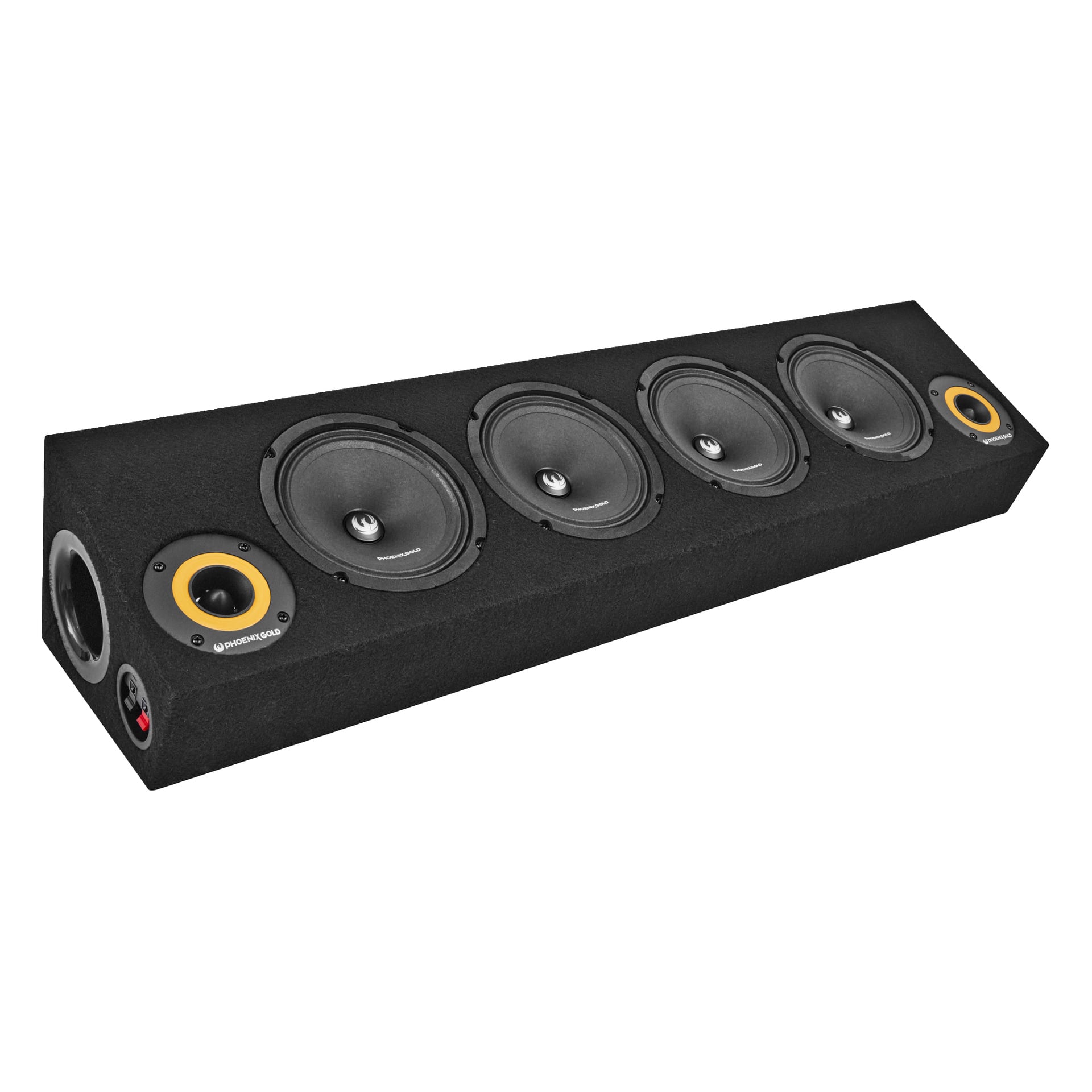 Phoenix Gold SPL-lådan ZP65BOX är ett svart, rektangulärt fodral med fyra stora högtalare, två mindre gulringade högtalare och portar på ena sidan.