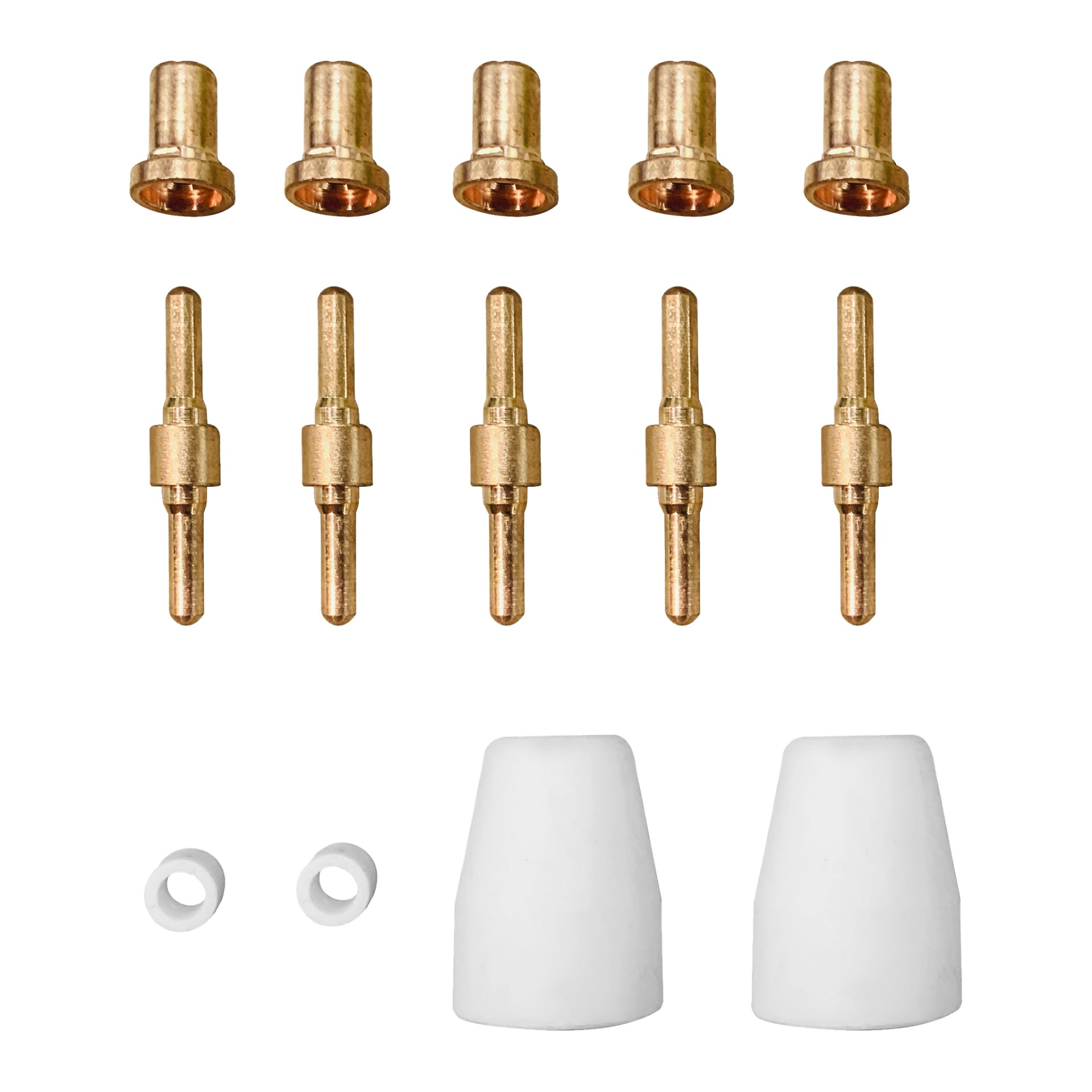 Ett set med fjorton Meec Tools plasmaskärarmunstycken visas i tre rader, med åtta mässingskopplingar, två vita cylindriska kapslar och två vita ringar formade som brickor.