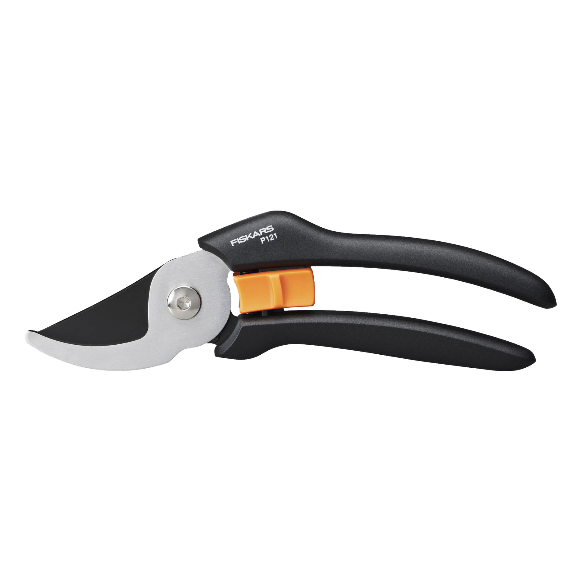 Eine schwarz-silberne Bypass-Schare, Secateurs P121 Modell, mit orangefarbenem Verriegelungsverschluss und dem Fiskars-Logo auf dem Griff.