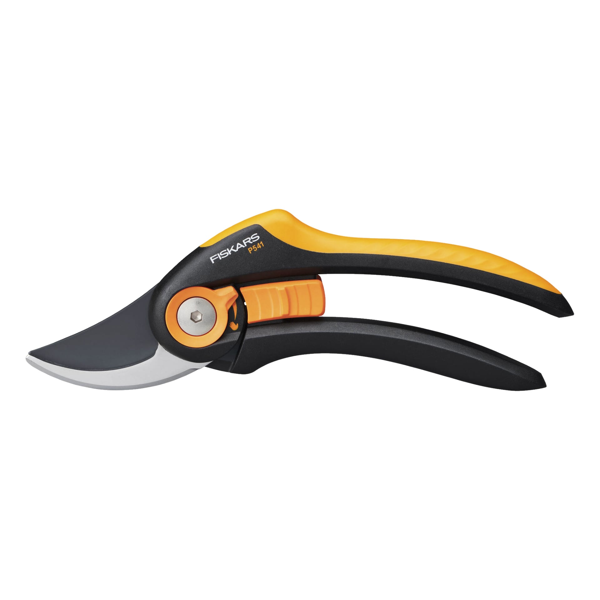 Ein Paar Fiskars Secateurs P541 mit schwarzen Griffen und einem orangefarbenen Sicherheitsverschluss.