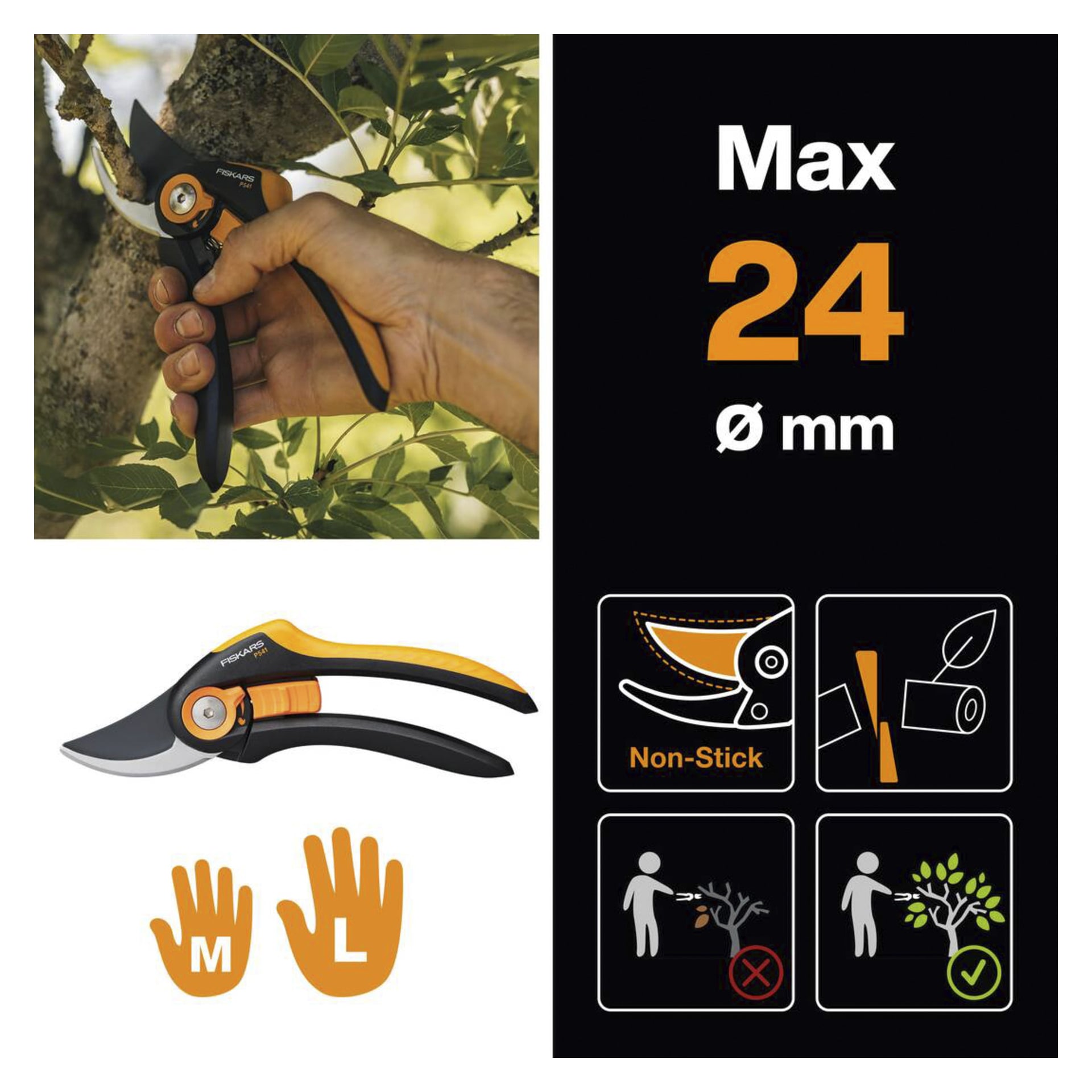 Eine Hand wird gezeigt, wie sie einen Ast mit Fiskars-Scheren P541 beschneidet, die eine maximale Schnittkapazität von 24 mm haben. Diagramme zeigen die Antihaftklingentechnologie, die Größenoptionen M und L, Warnungen vor dem Schneiden zu dicker Äste und Ratschläge, während der Arbeit einen sicheren Abstand zu anderen zu halten.