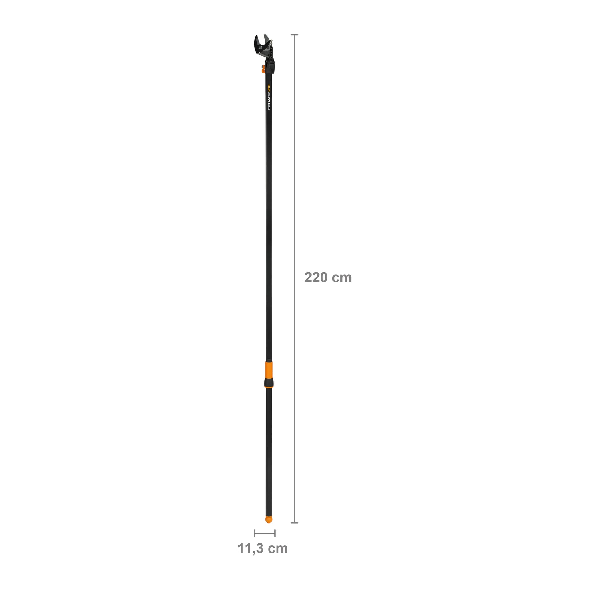 En Fiskars Pole-klippare UP84 med svart och orange färgschema visas, 220 cm lång och 11,3 cm bred, med mått markerade bredvid verktyget.