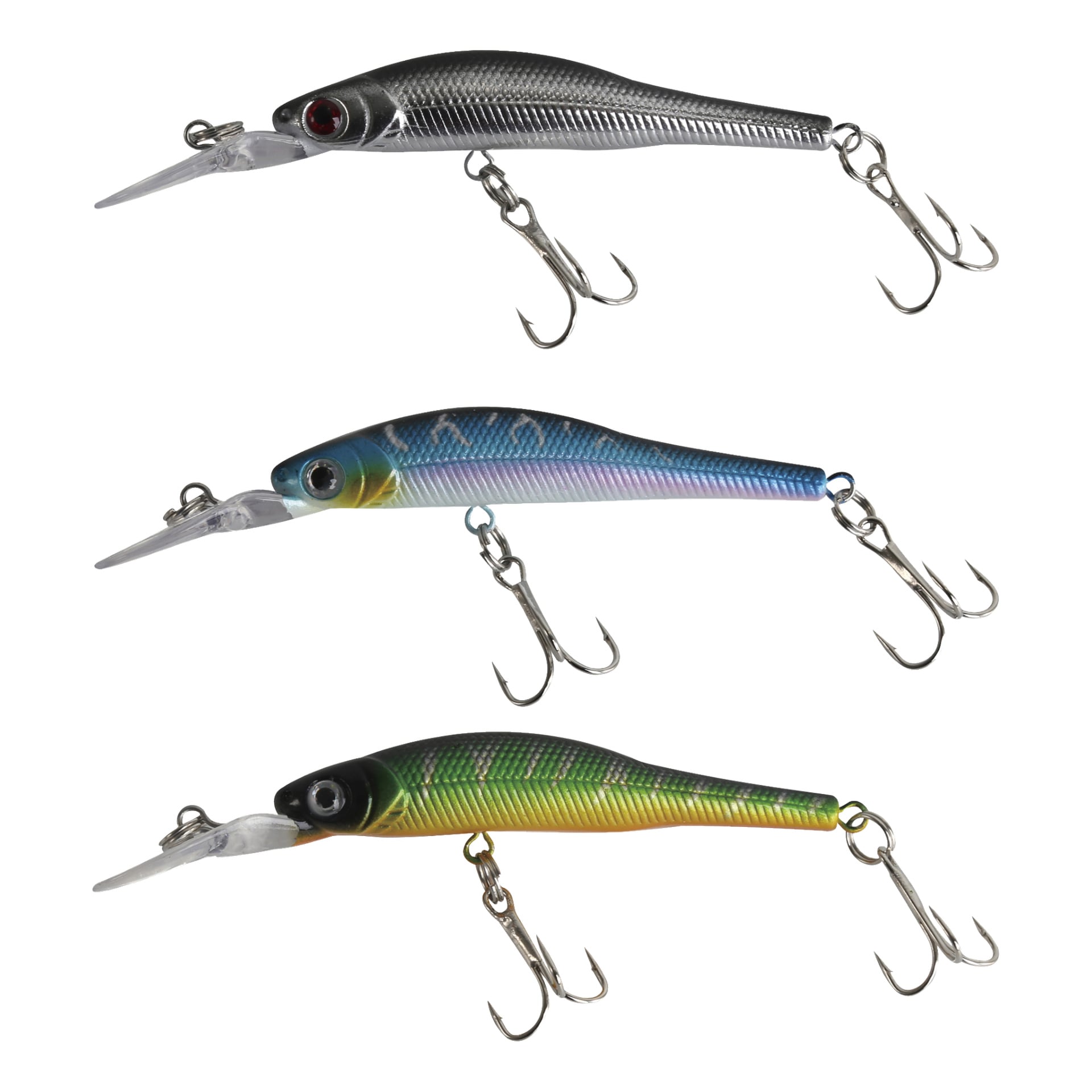 Tre Kayoba Wobbler-beten med trekronkrokar är placerade sida vid sida. Det första betet är silver med svarta detaljer, det andra är blått och gult, och det tredje är grönt och gult. Alla tre beten i detta paket har en liten plastnäbb framtill.