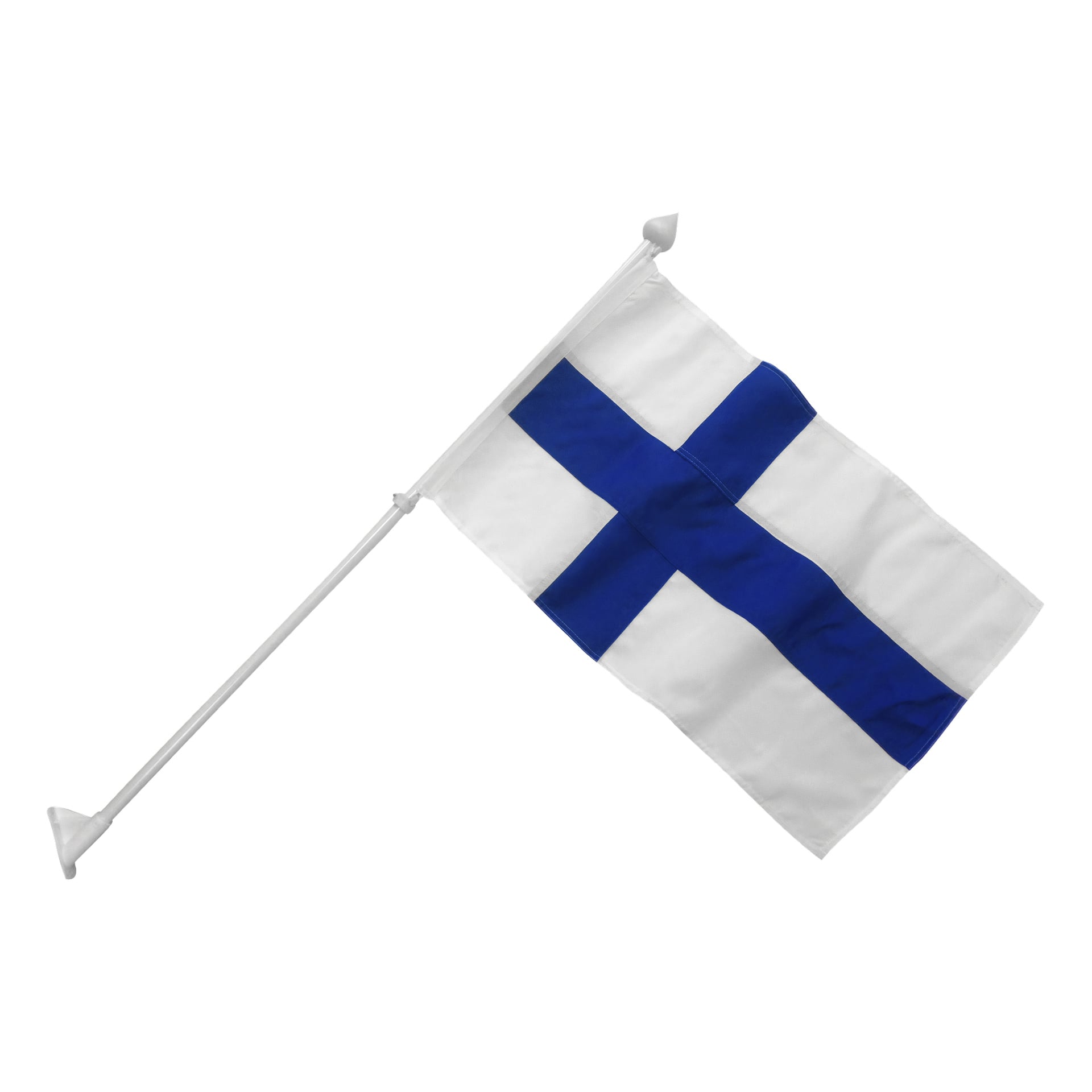 Adela-fasadflaggan, med vit bakgrund och ett blått nordiskt kors, är fäst vid en vit stång med sugkopp.