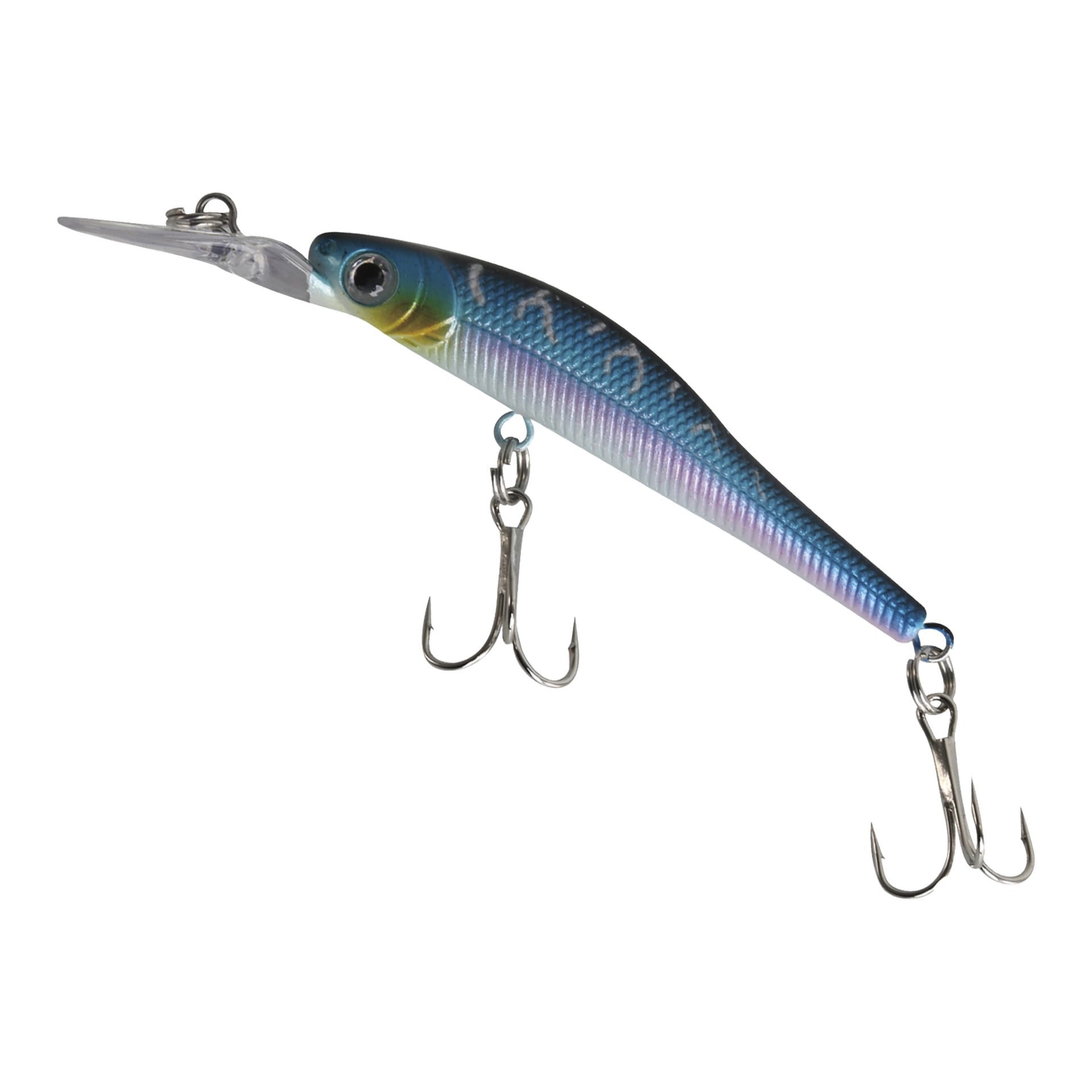 Ett Kayoba Wobbler 3-pack fiskebete med blå och silverfärgad design, genomskinlig plastkant och två treble-krokar. Betet har ett livfullt fiskmönster och ett gult öga.