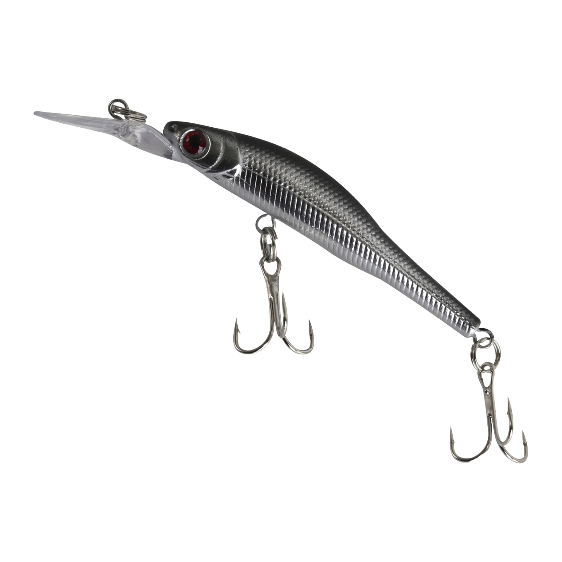 Ett Kayoba Wobbler-fiskedrag från ett 3-pack, med en texturerad silver- och svart kropp, utrustad med två treble-krokar, accentuerade med en röd öga och en transparent plastdykarenbb.