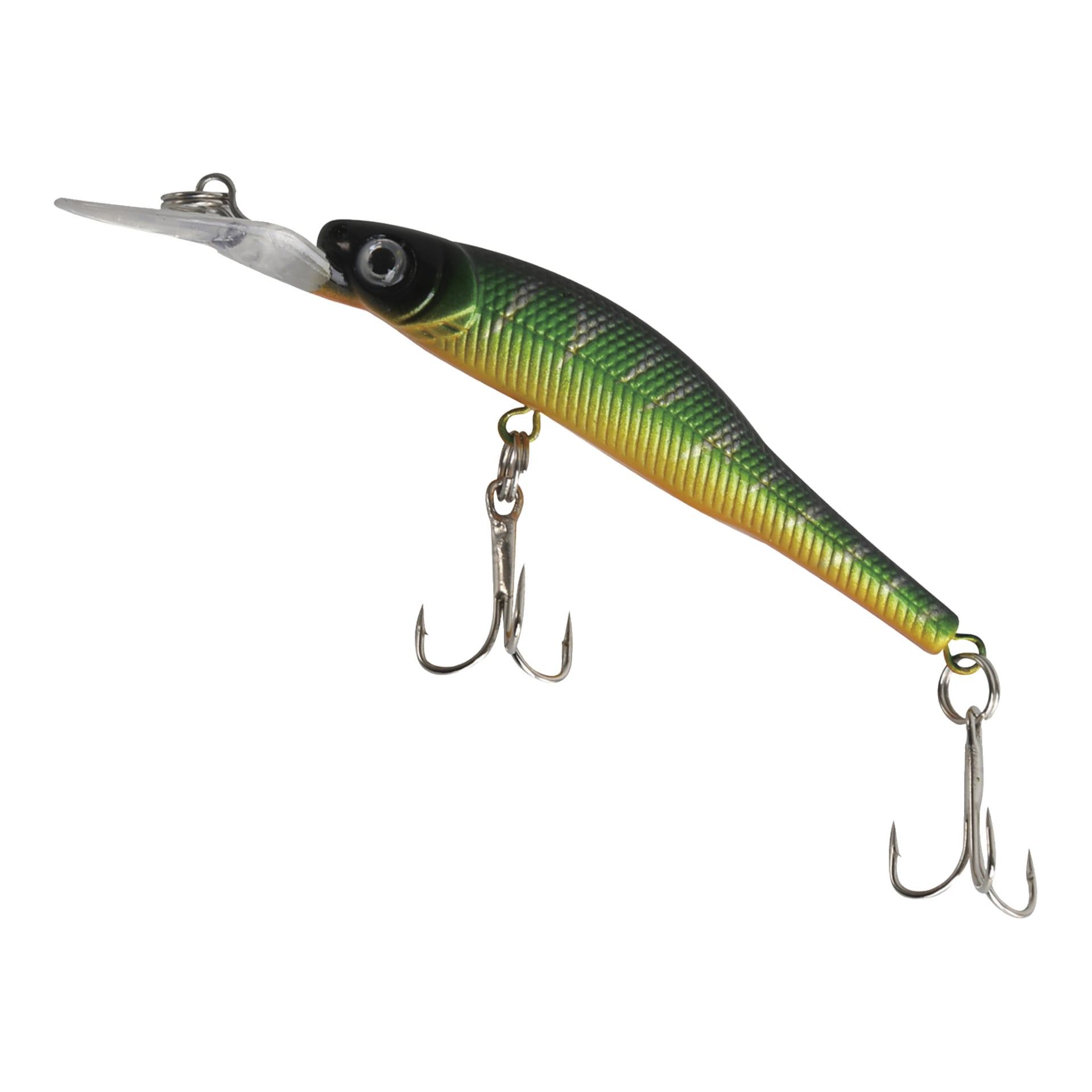 Ett grönt och gult Kayoba Wobbler-fiskedrag från ett 3-pack, med en plastkant framtill och två trekrokar fästa på undersidan och stjärten. Dess fiskliknande form är avsedd att locka rovfiskar.