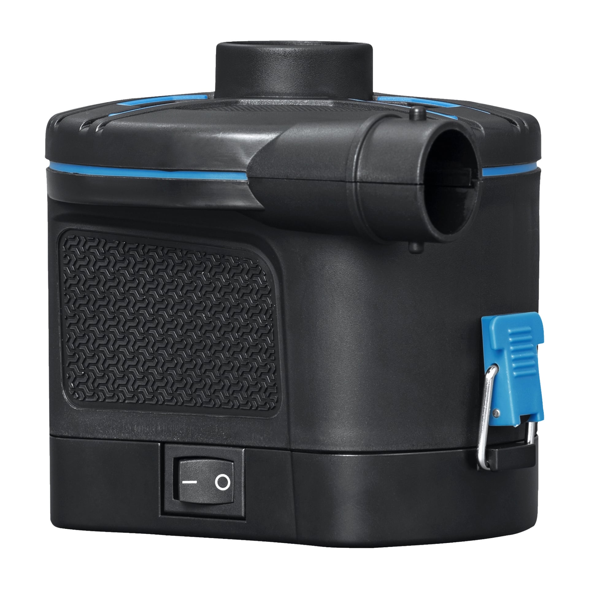 En svart Bestway mini-kompressor som drivs av batterier, designad med ett texturerat handtag, strömbrytare, blå lås och munstycke som passar både för uppblåsning och deflation. Enheten är rektangulär med släta, rundade hörn.
