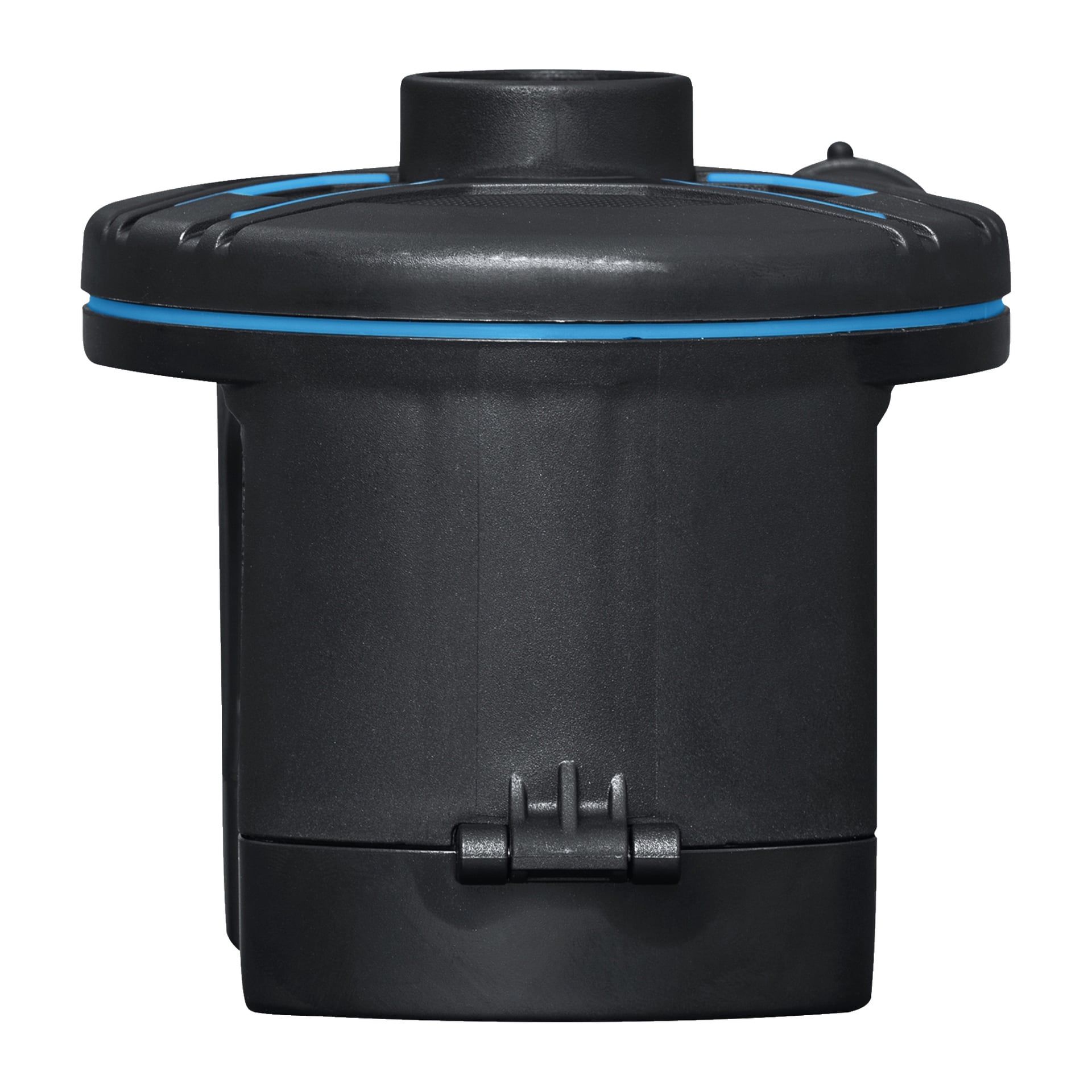Bestways batteridrivna minikompressor är en svart cylinder med en blå accentring, ett runt munstycke på toppen och en lätt att se strömbrytare längst ner fram.
