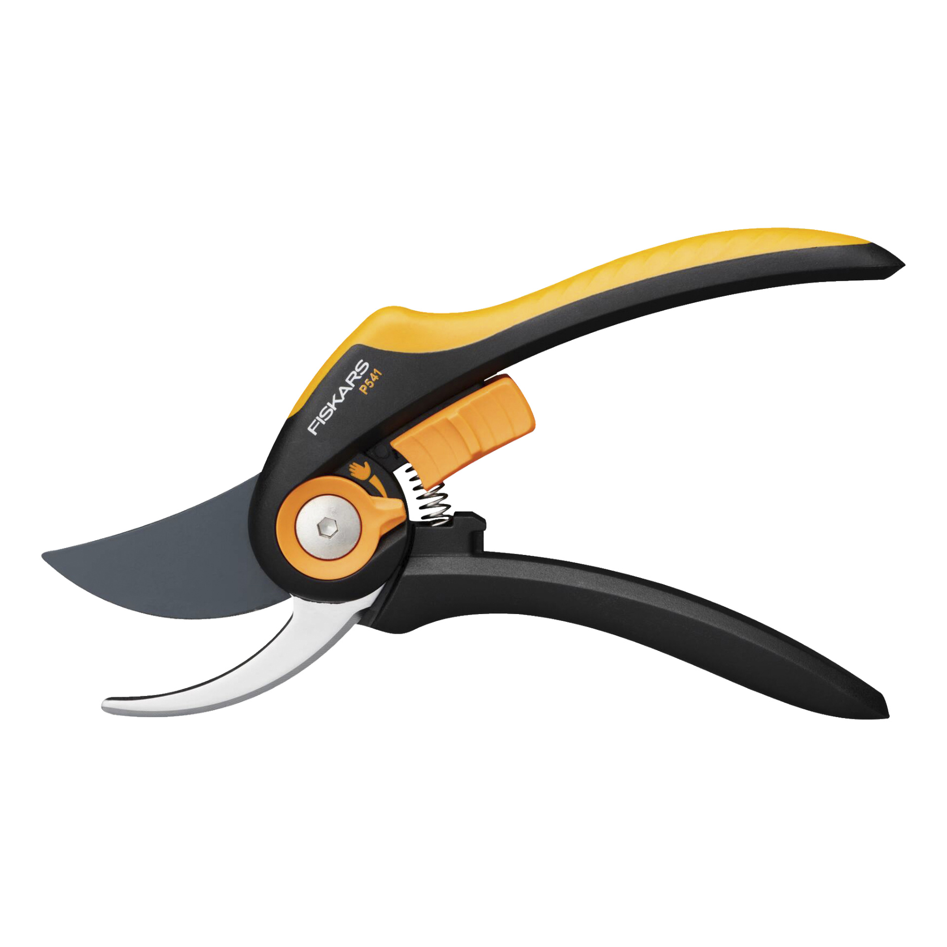 Fiskars P541 Gartengarten mit einer gebogenen schwarzen Klinge, einem orange-schwarzen ergonomischen Griff, einem markanten Federmechanismus und einer Sicherheitsverriegelung, geeignet zum Beschneiden von Stängeln und kleinen Ästen.