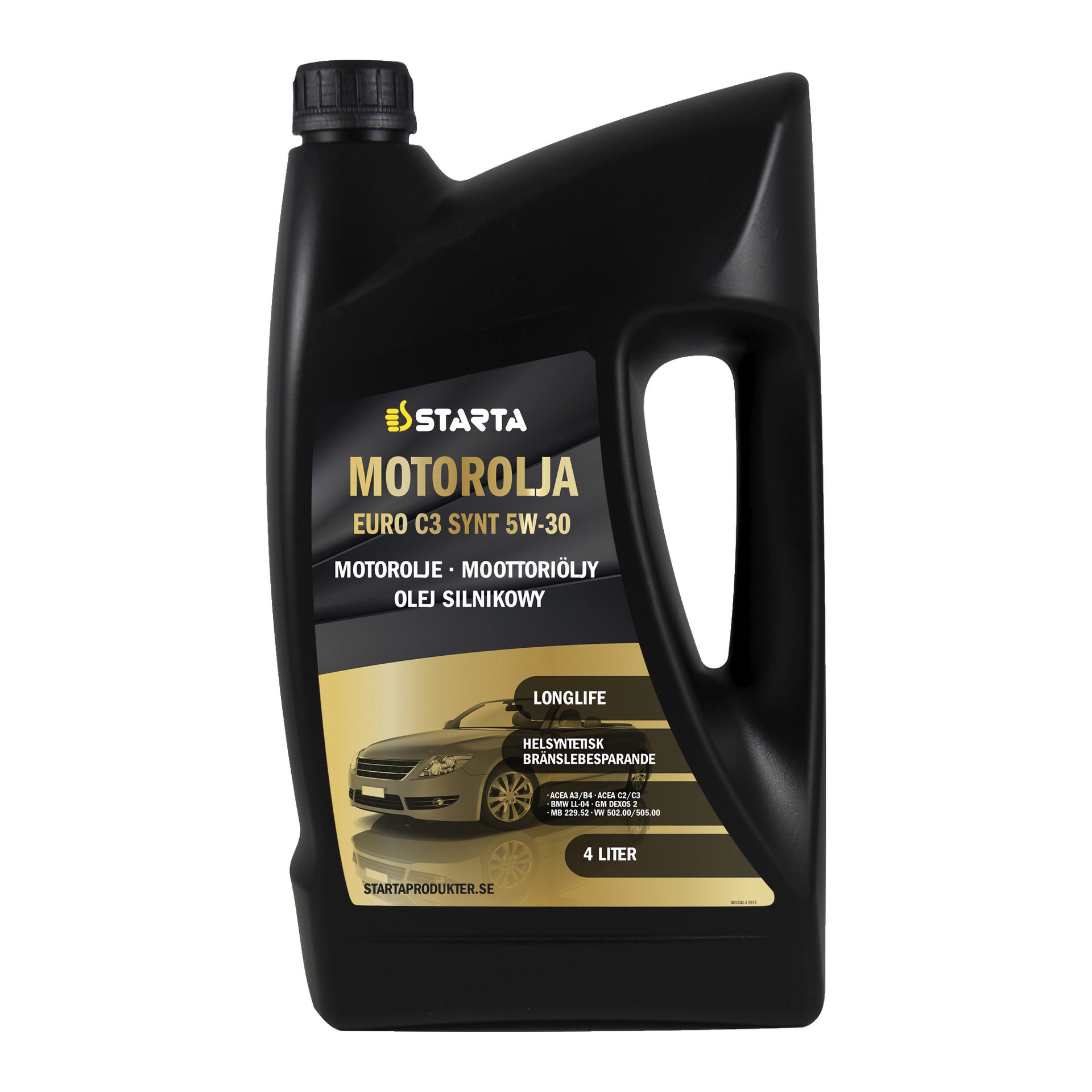 En 4-liters svart behållare med Starta Engine Oil Euro C3 Synt 5W-30 med inbyggt handtag, skruvlock och en etikett som visar en bilbild.