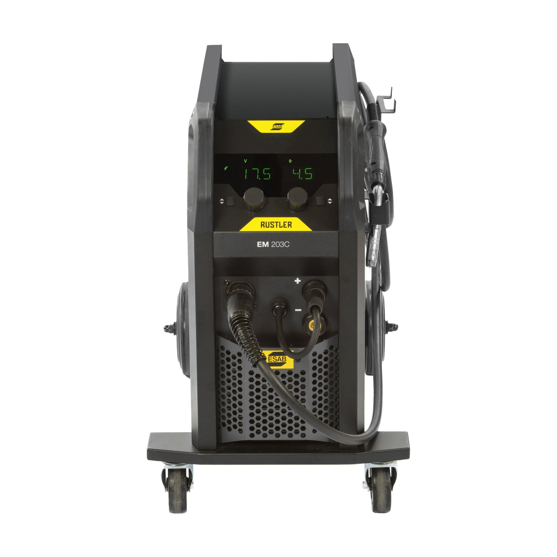ESAB Inverter-svetsmaskinen Rustler MIG Compact EM 203C visas framifrån på sina hjul, med tydligt synliga digitala visningsvärden, anslutna kablar och ett övre handtag. Dess design har en svart och gul färgpalett.