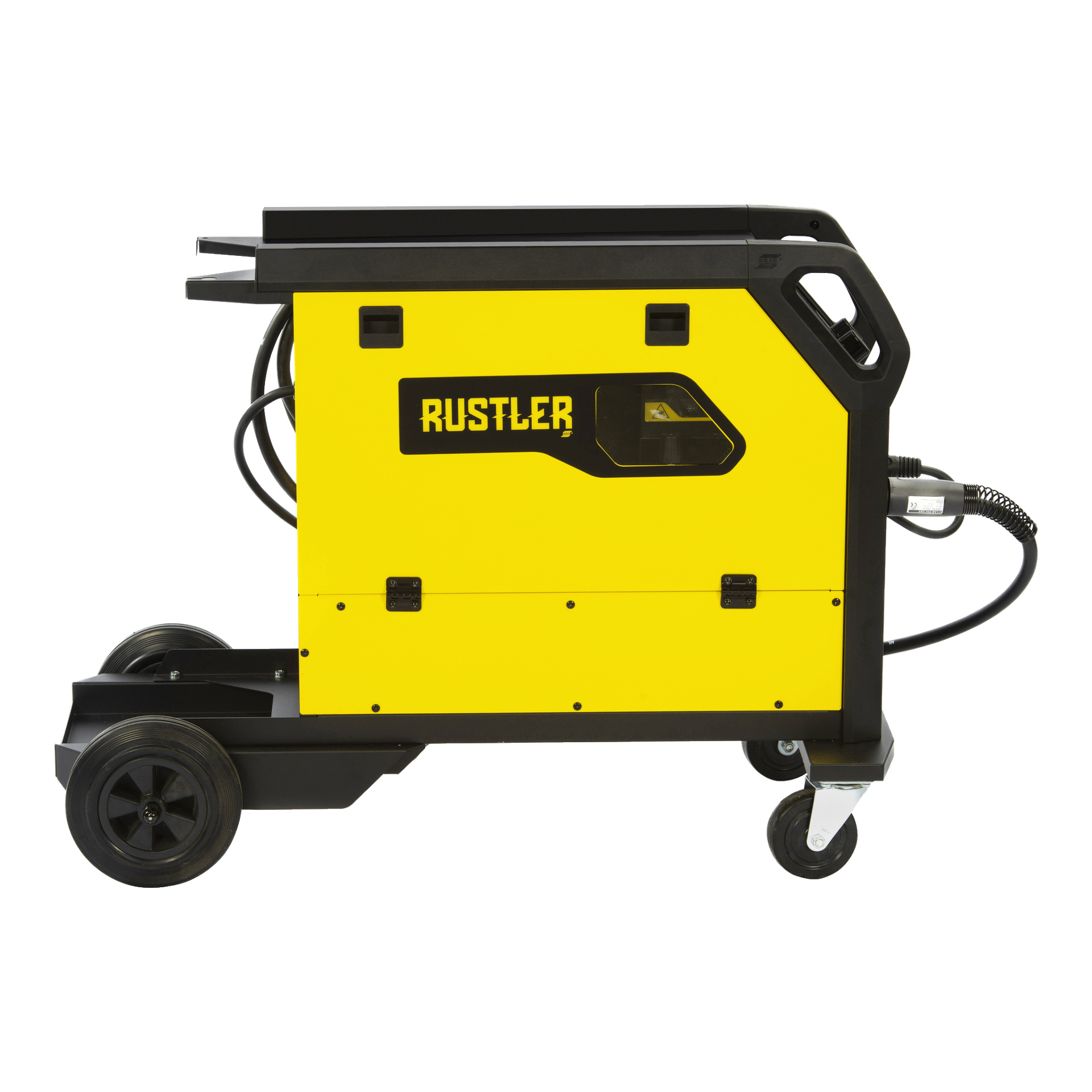 En gul och svart ESAB Inverter-svetsmaskin märkt Rustler MIG Compact EM 203C ses från sidan, utrustad med hjul, handtag och fastslutna kablar.