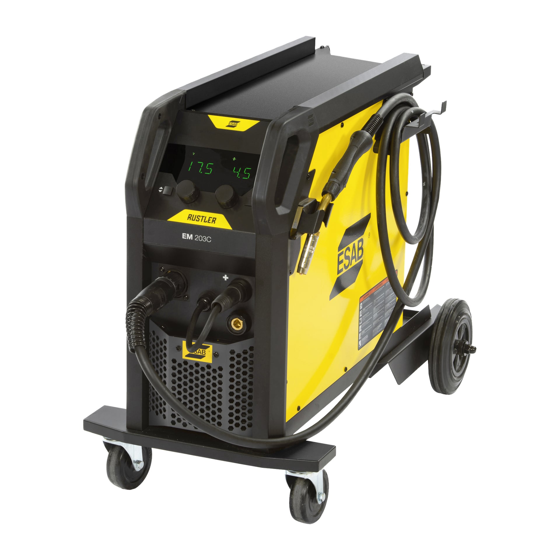 Gul och svart ESAB Rustler MIG Compact EM 203C invertersvetsmaskin på hjul, utrustad med fastsatta kablar och svetsbrännare; Frontpanelen visar digitala displayer och flera kontrollrattar.