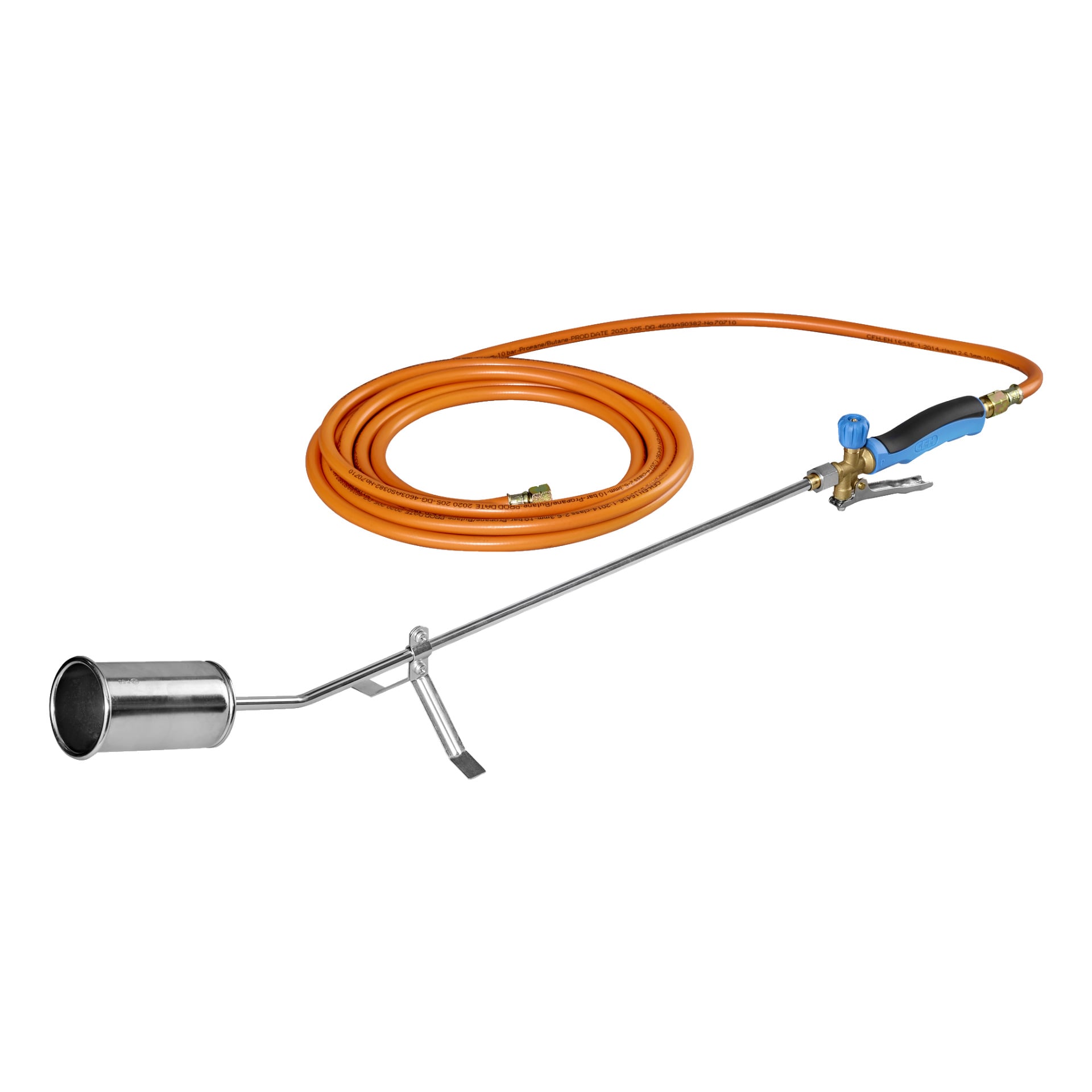 CFH LPG blåsrör ST 1000 har ett långt metallmunstycke, ett blått och svart handtag samt en integrerad ventil, med en orange slang lindad bakom.