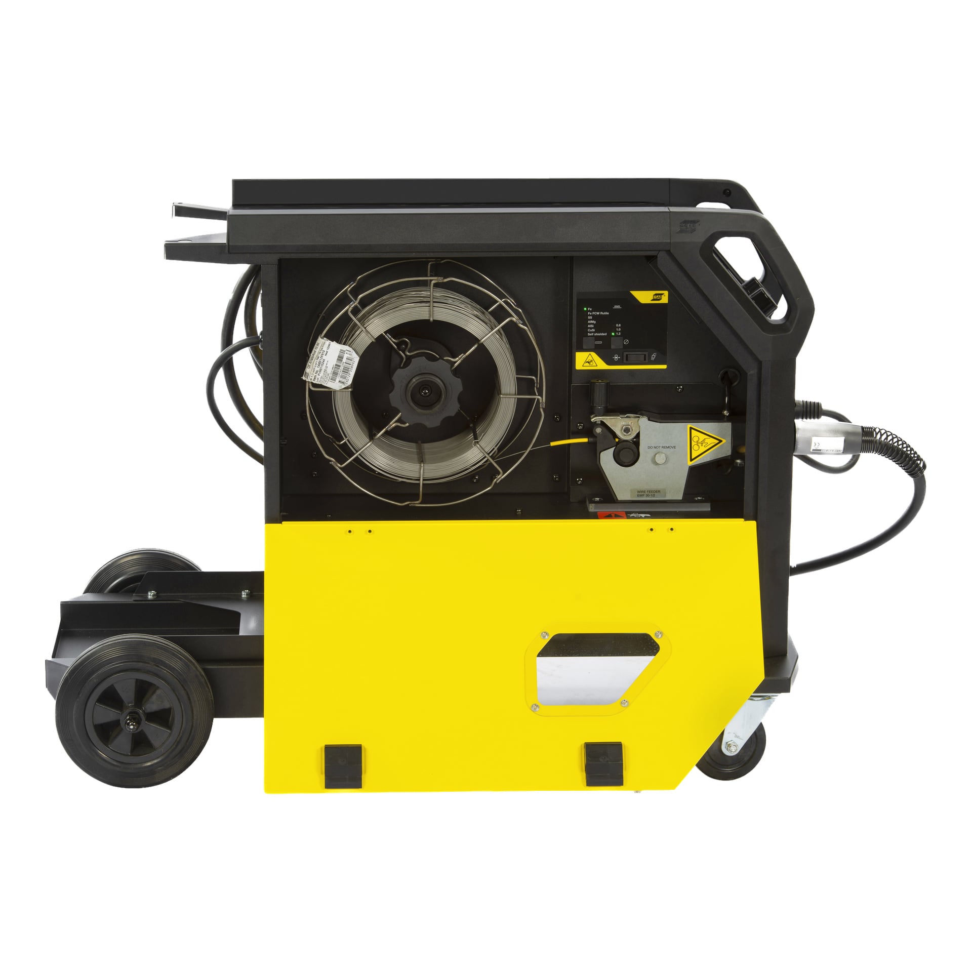 Närbild av ESAB Inverter-svetsmaskinen Rustler MIG Compact EM 203C med sidopanelen borttagen, vilket exponerar de interna komponenterna inklusive trådspole, kontrollpanel och ledningar. Maskinen har svarta hjul och ett starkt gult yttre hölje.