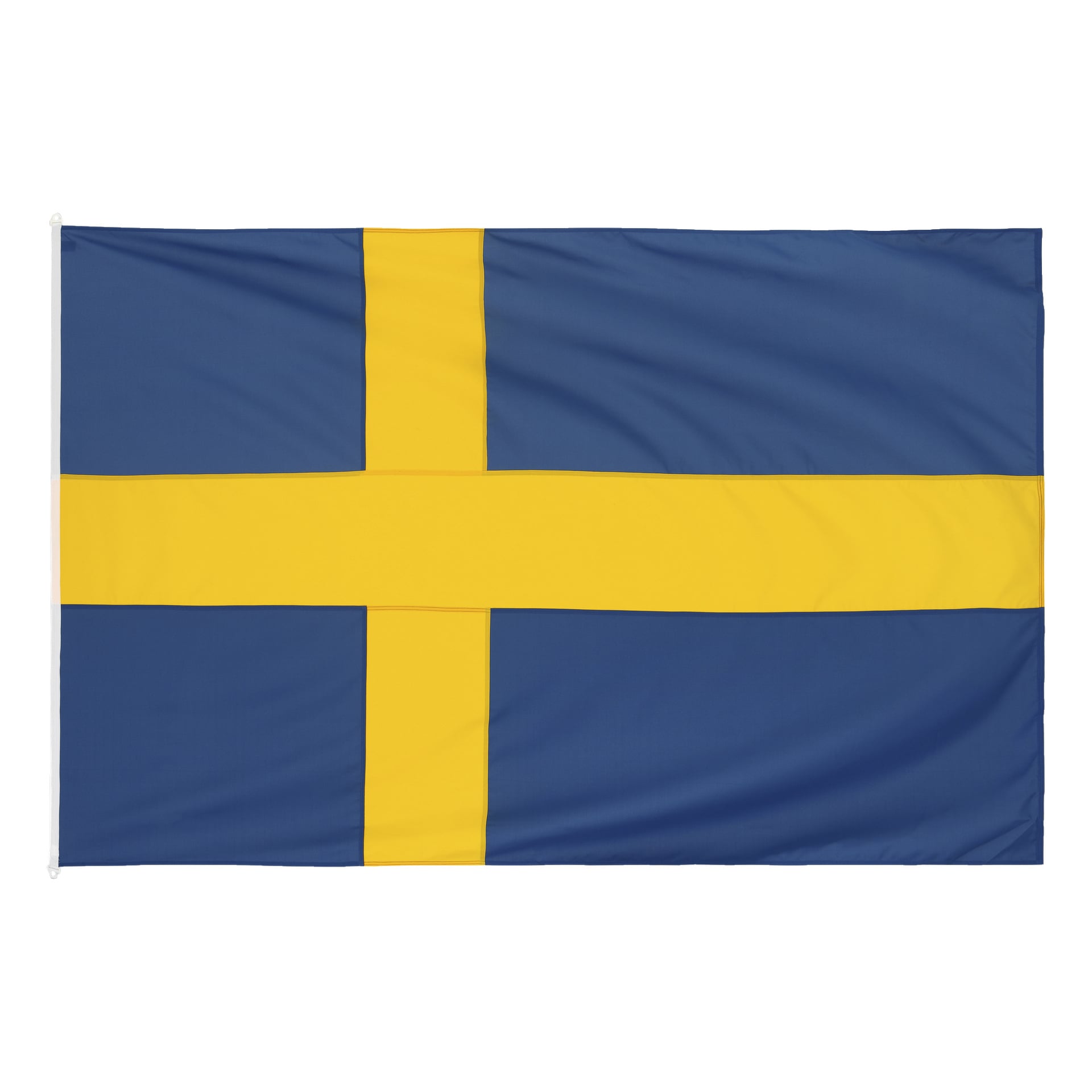 Adela-flaggan visar ett blått fält med ett gult nordiskt kors som sträcker sig ända ut till kanterna, med den vertikala bandet placerad närmare flaggstången, vilket symboliserar Sveriges nationalflagga.