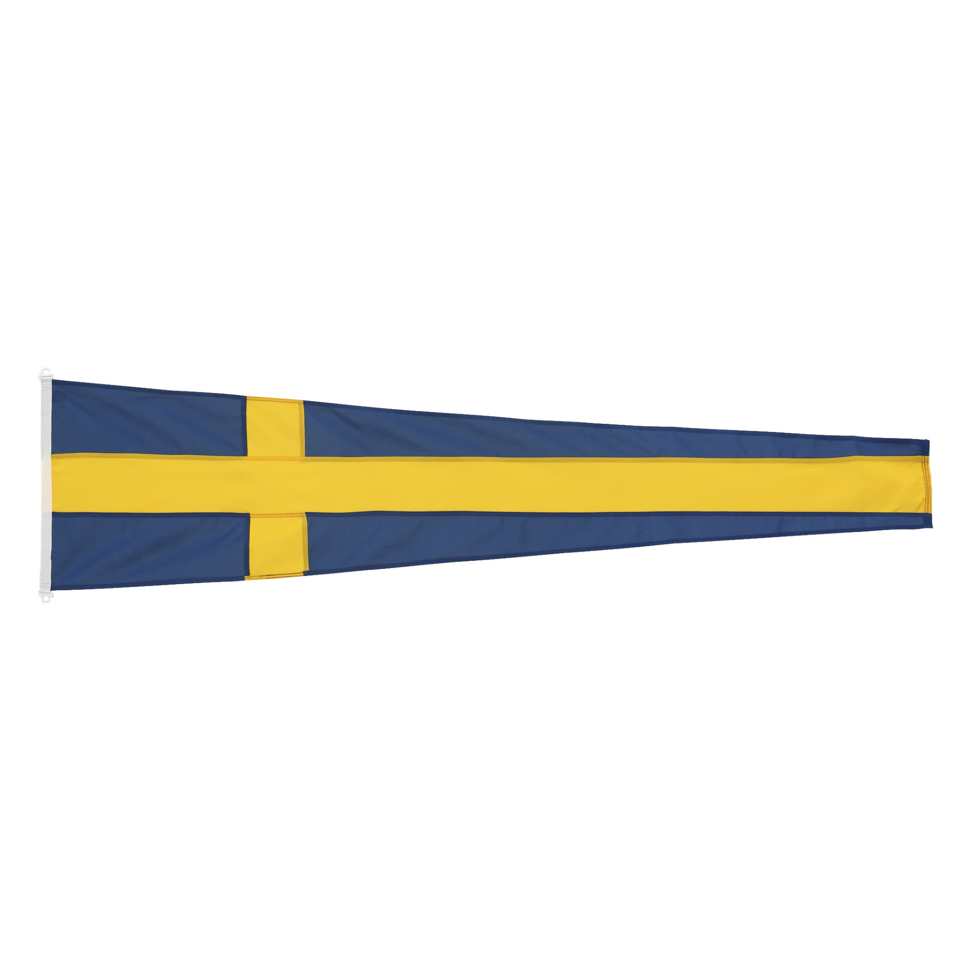 En triangulär flagga med blått fält och ett gult kors som sträcker sig från den breda vänstra kanten till den spetsiga högra spetsen.