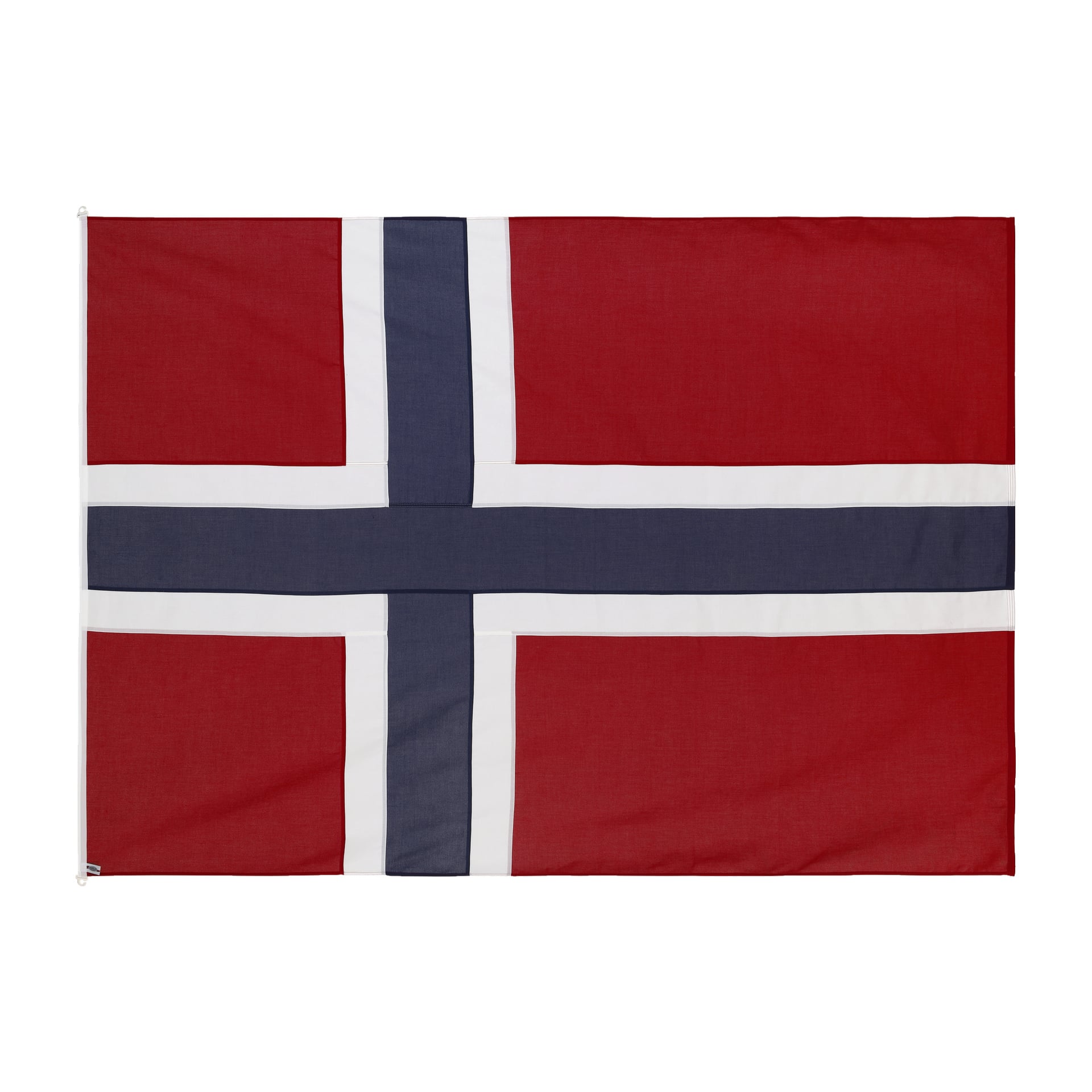 En rektangulär norsk flagga med röd bakgrund och ett blått kors kantat av vitt, korset sträcker sig över alla kanter och symboliserar Norges nationalflagga.