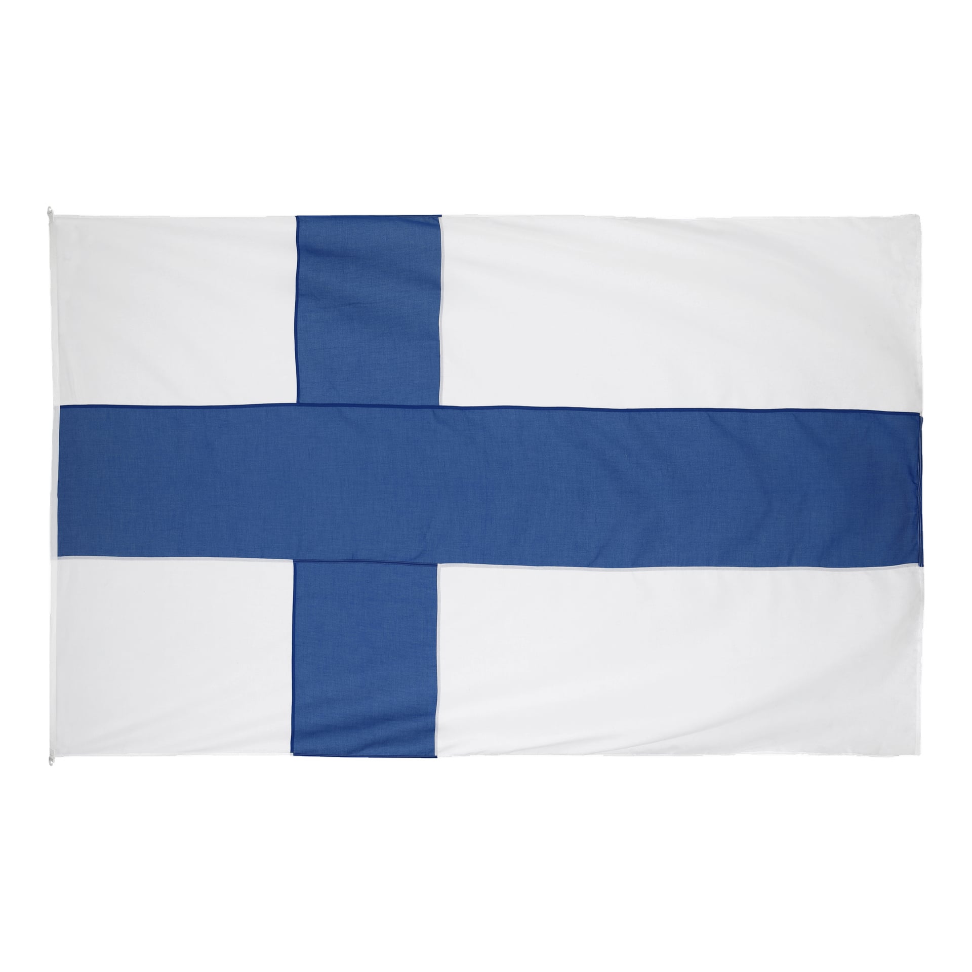 Adelas finska flagga har en rektangulär form med ett blått nordiskt kors som sträcker sig ut till kanterna; den vertikala delen av korset är placerad närmare flaggstången.